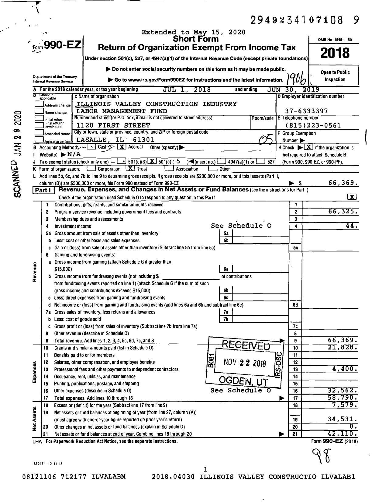 Image of first page of 2018 Form 990EO for Illinois Valley Construction Industry Labor Management Fund