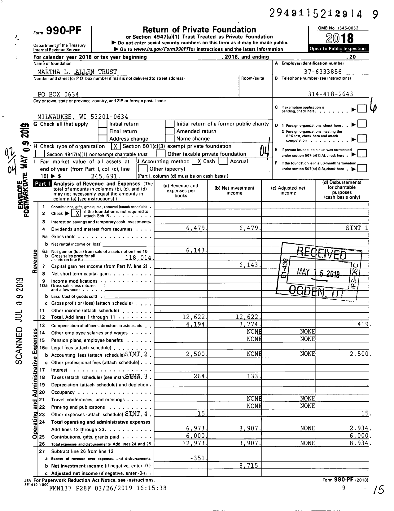 Image of first page of 2018 Form 990PF for Martha L Allen Trust