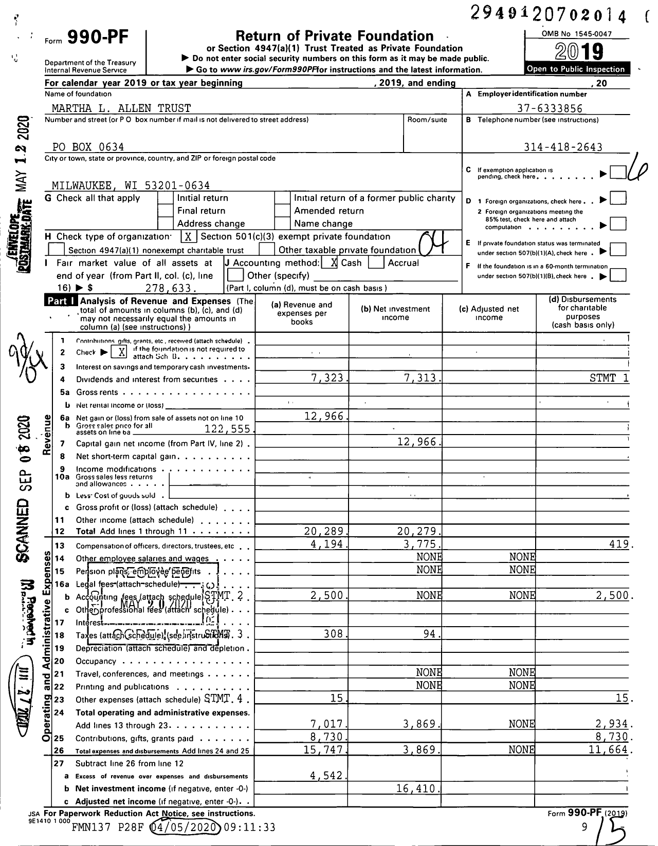 Image of first page of 2019 Form 990PR for Martha L Allen Trust