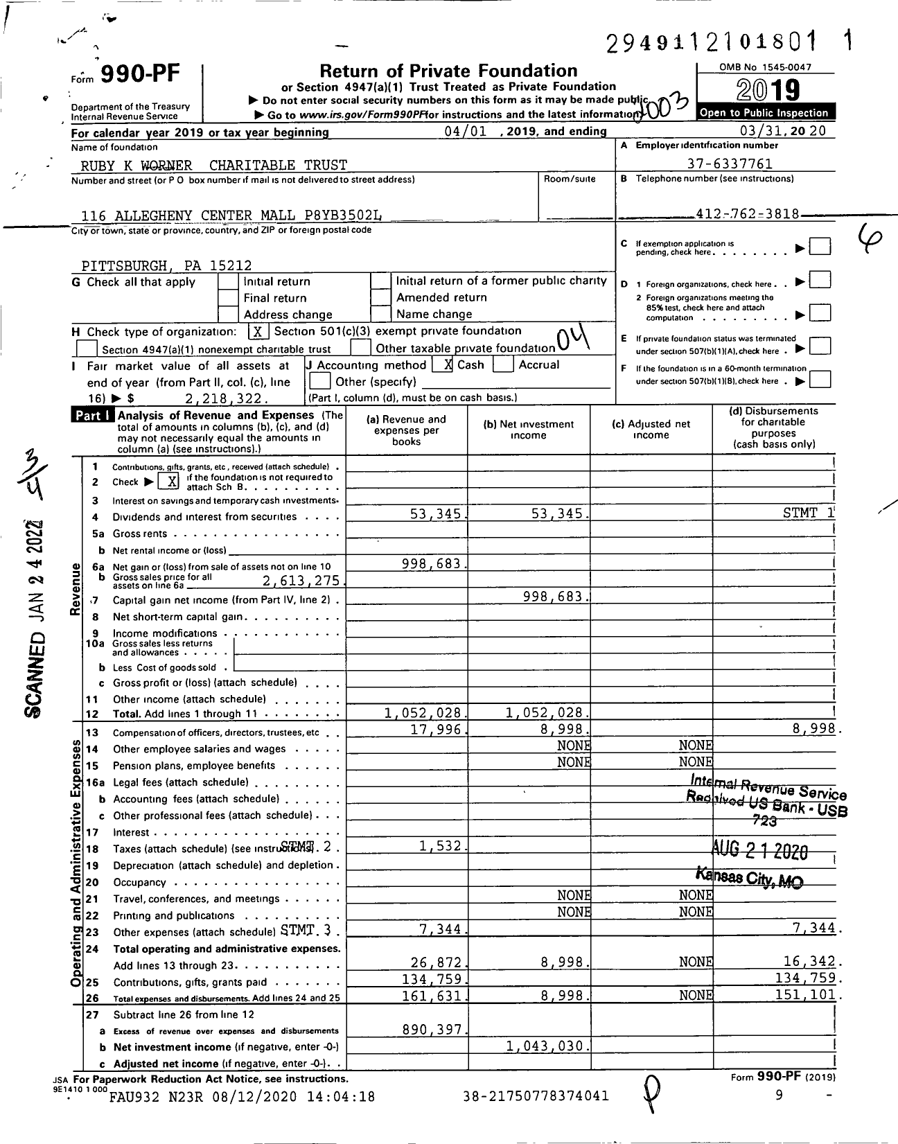 Image of first page of 2019 Form 990PF for Ruby K Worner Charitable Trust