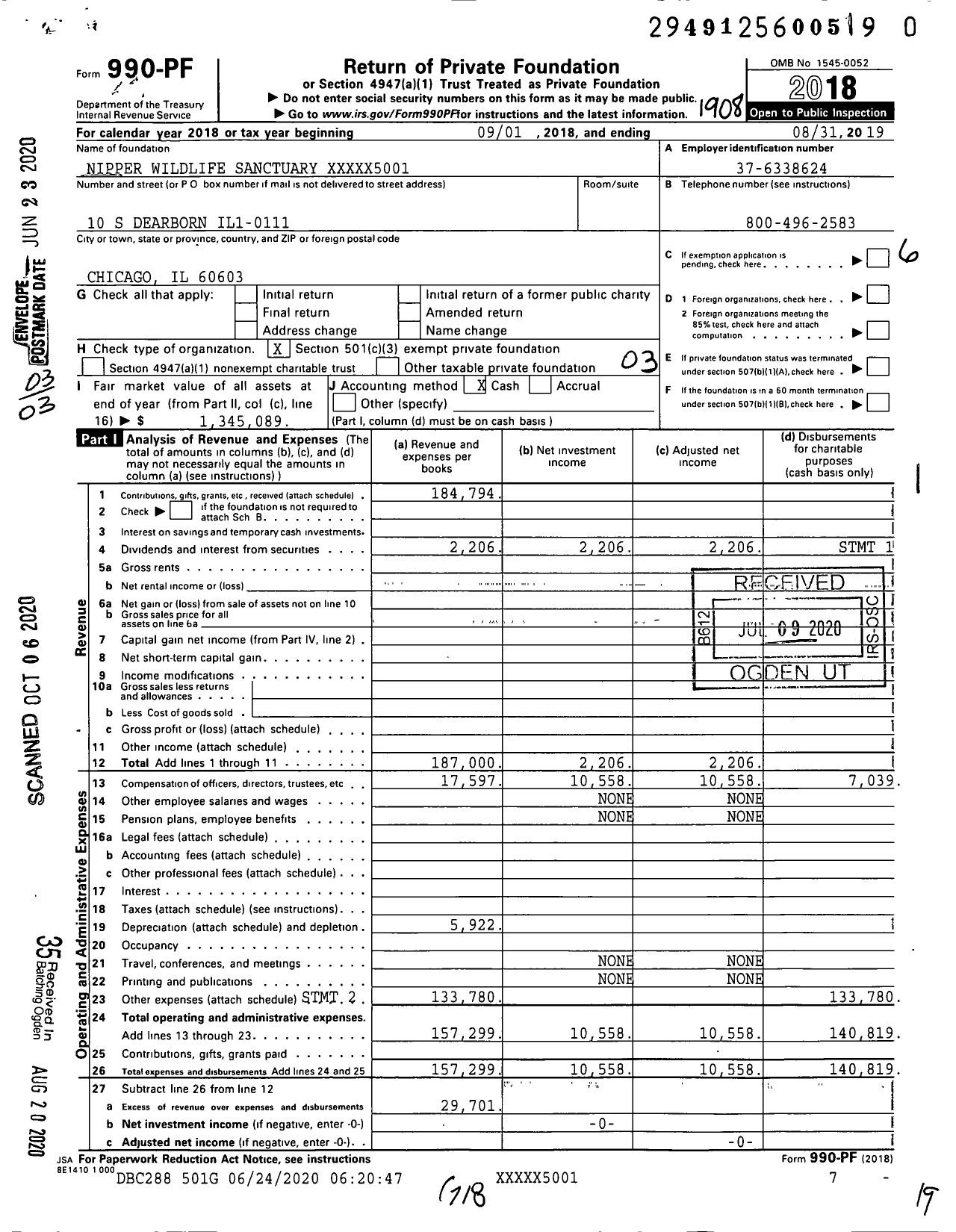 Image of first page of 2018 Form 990PR for Nipper Wildlife Sanctuary XXXXX5001