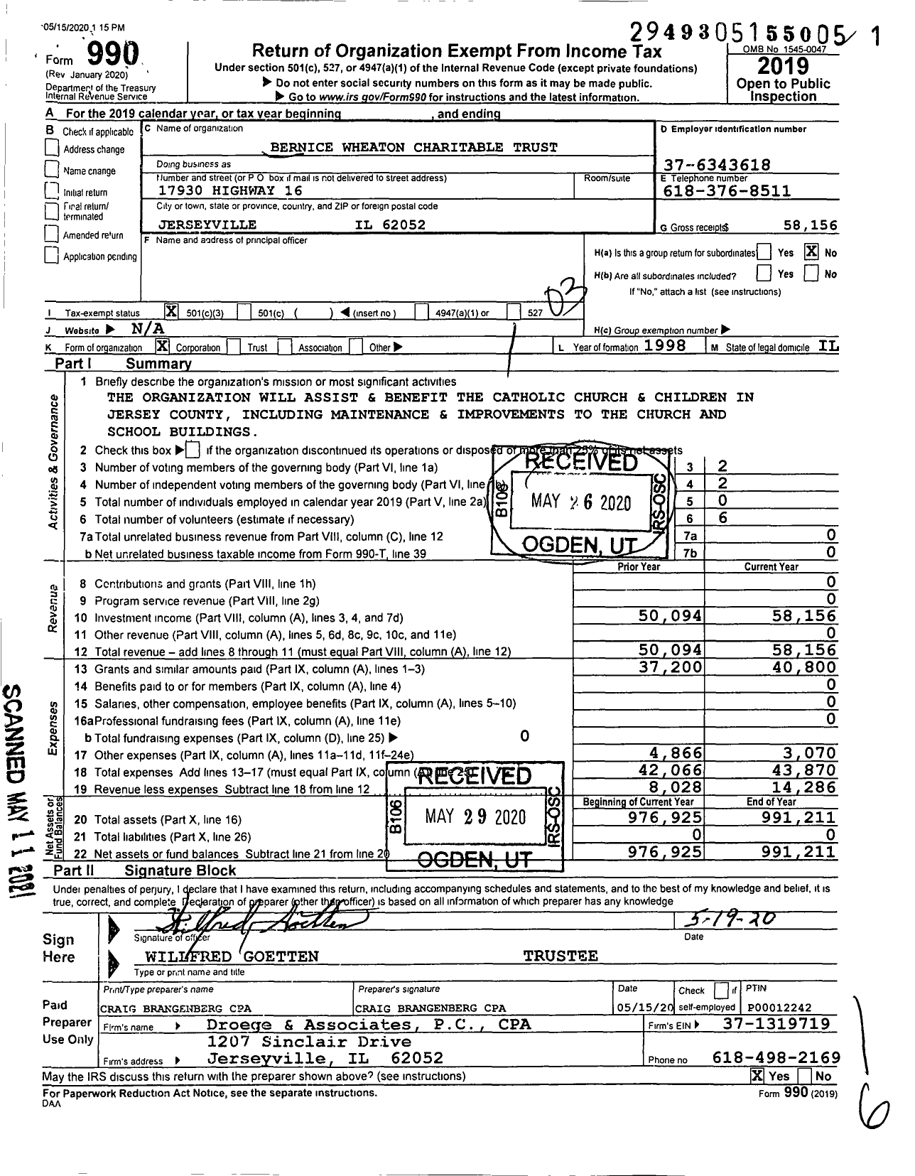 Image of first page of 2019 Form 990 for Bernice Wheaton Charitable Trust