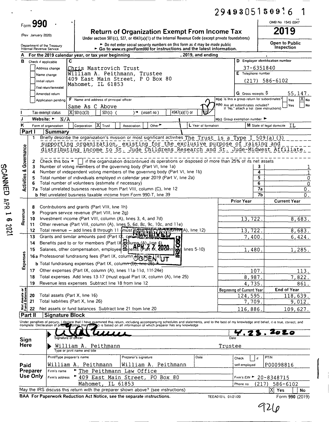 Image of first page of 2019 Form 990 for Chris Mastrovich Trust William A Peithmann Trustee