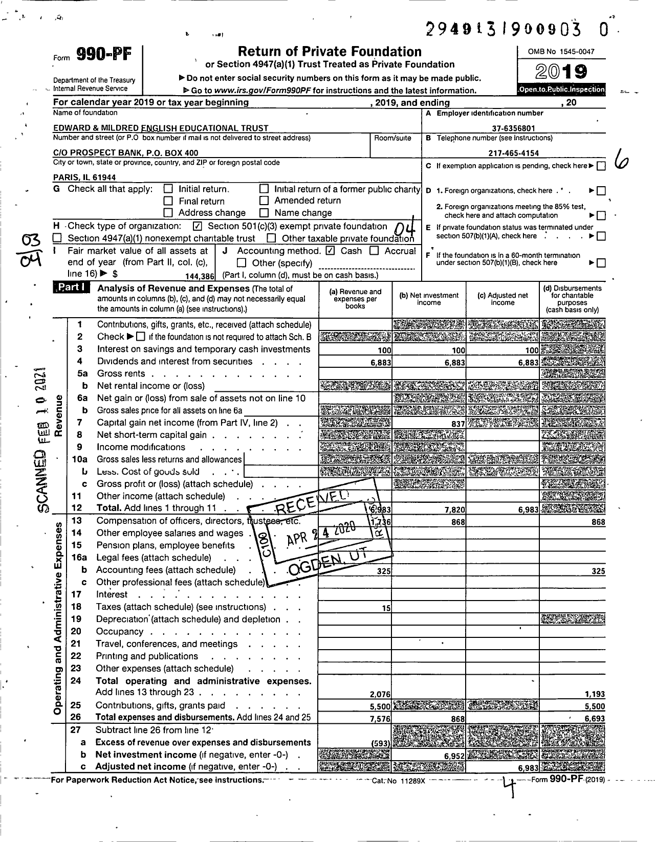 Image of first page of 2019 Form 990PF for Edward and Mildred English Educational Trust