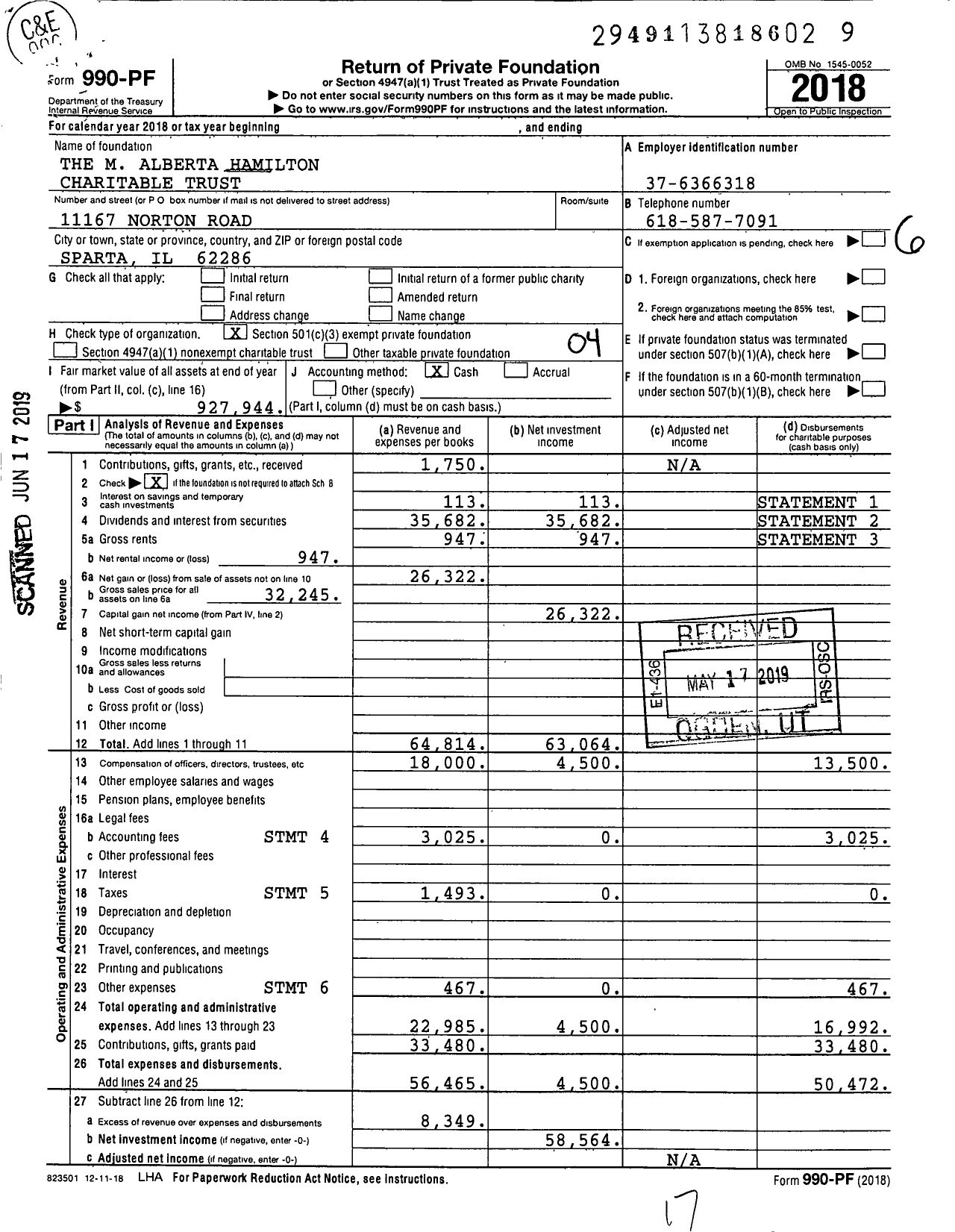 Image of first page of 2018 Form 990PF for Hamilton Charitable Trust