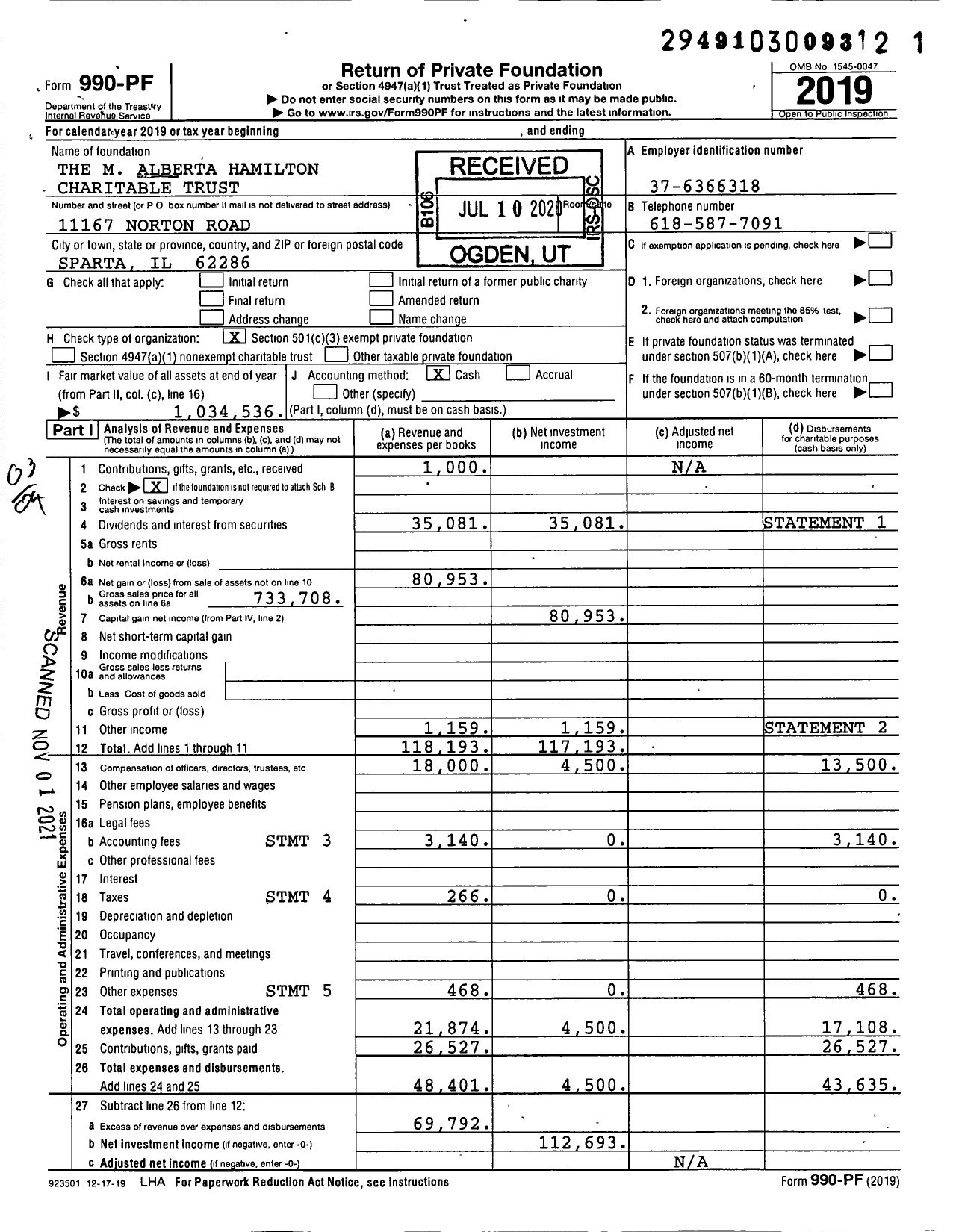 Image of first page of 2019 Form 990PF for Hamilton Charitable Trust