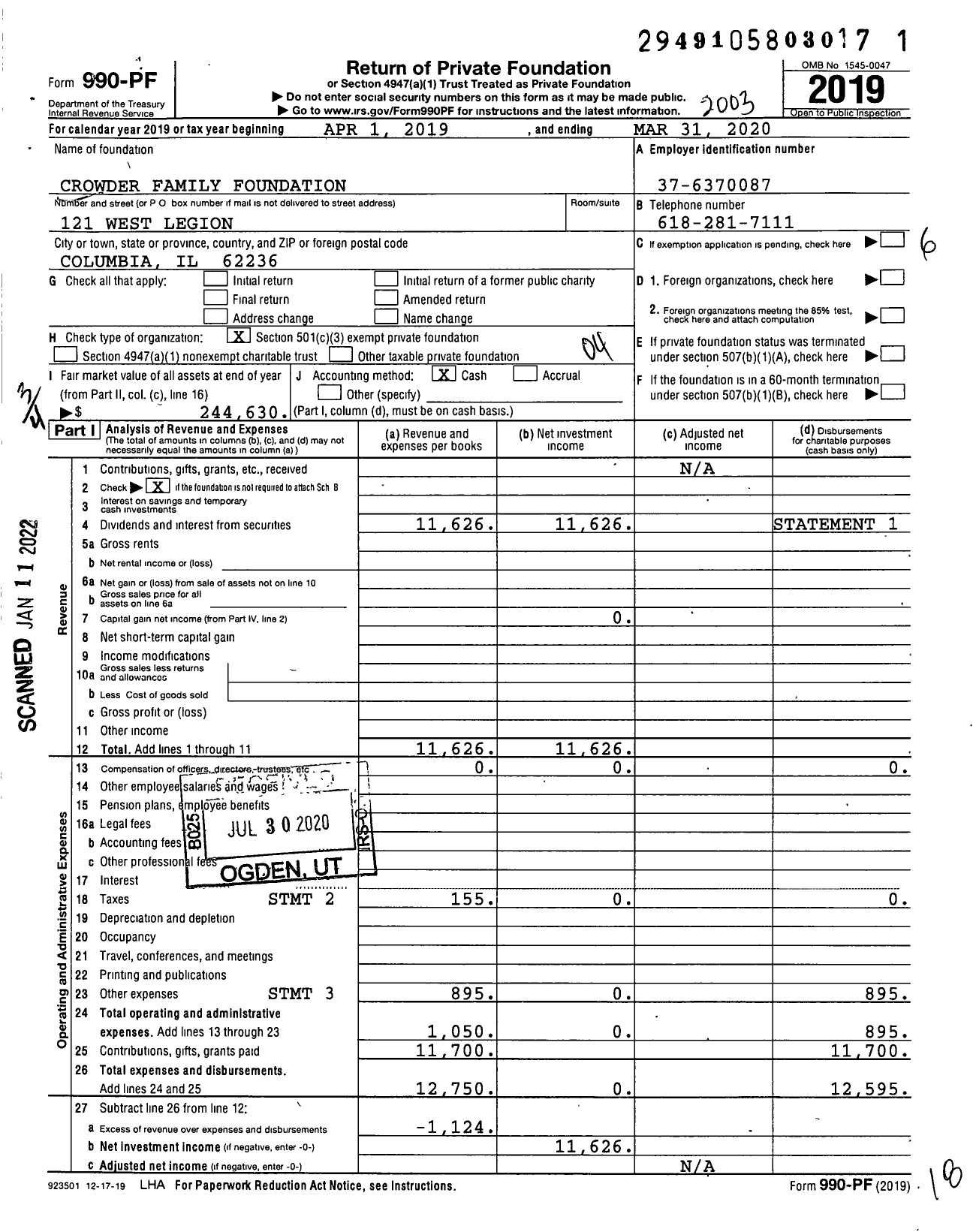 Image of first page of 2019 Form 990PF for Crowder Family Foundation