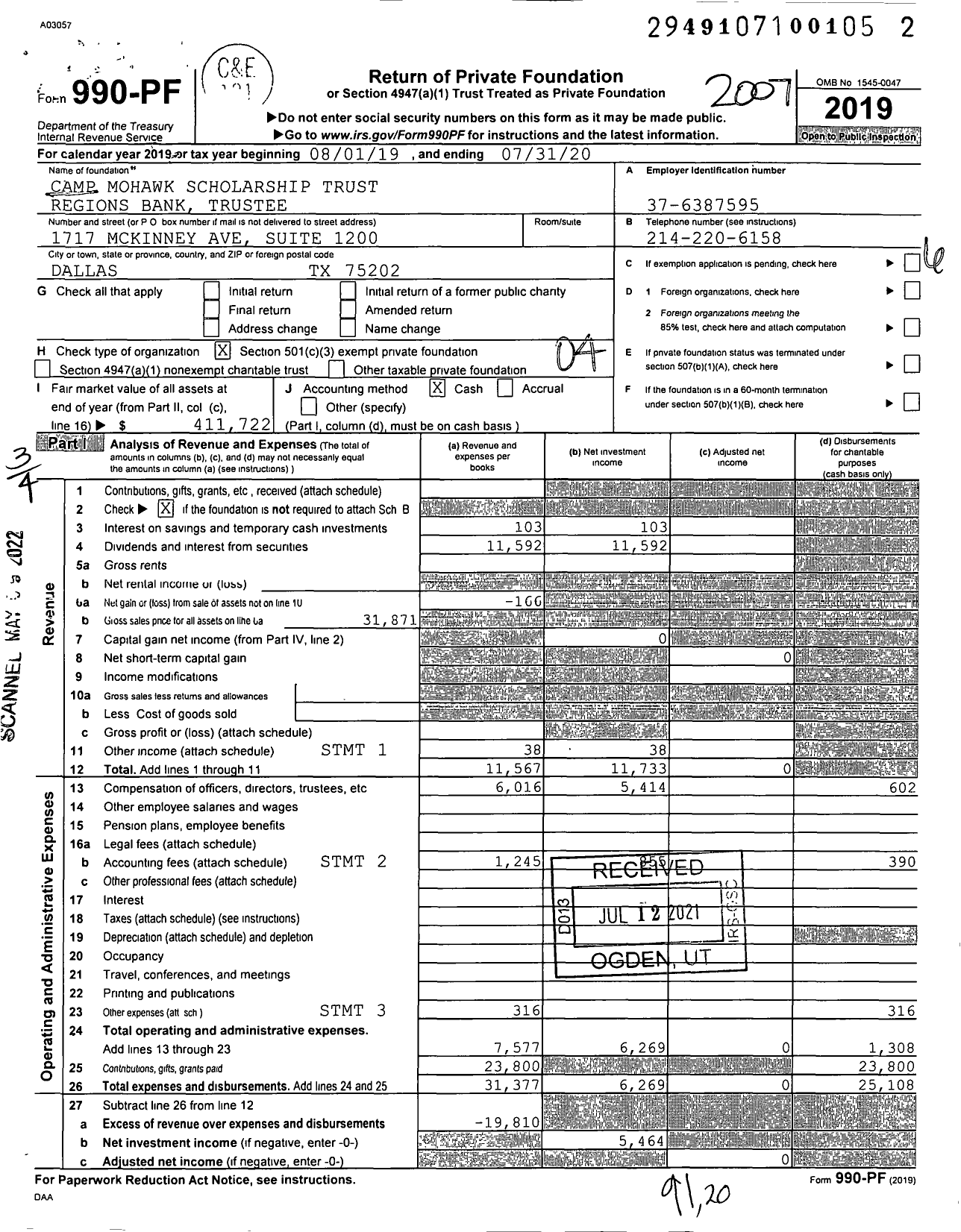 Image of first page of 2019 Form 990PF for Camp Mohawk Scholarship Trust Regions Bank Trustee