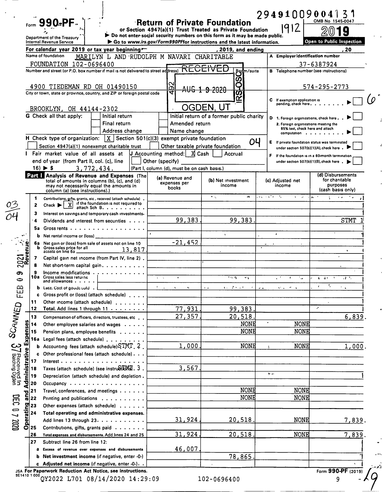 Image of first page of 2019 Form 990PF for Marilyn L and Rudolph M Navari Charitable