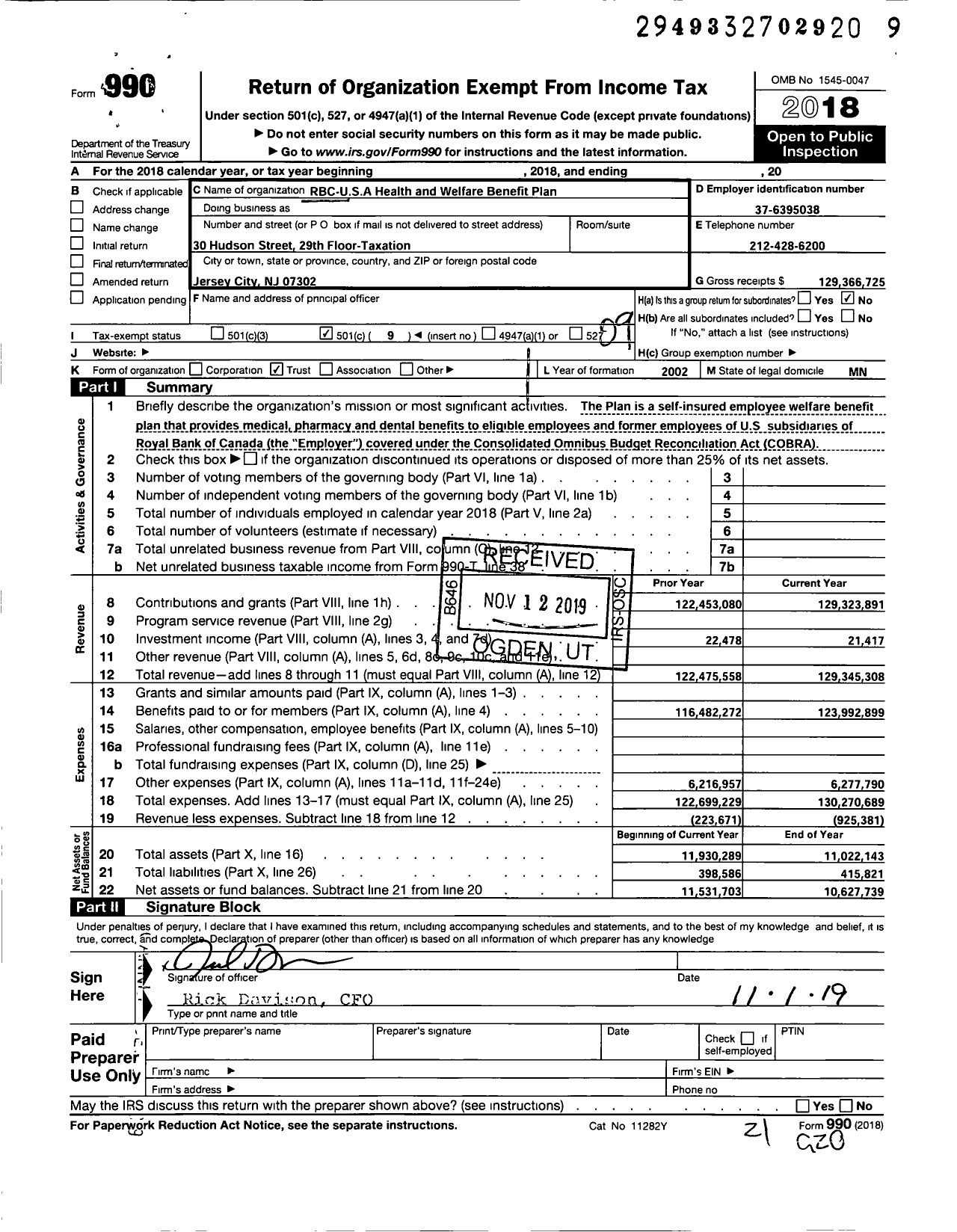 Image of first page of 2018 Form 990O for RBC USA Health & Welfare Benefit Plan