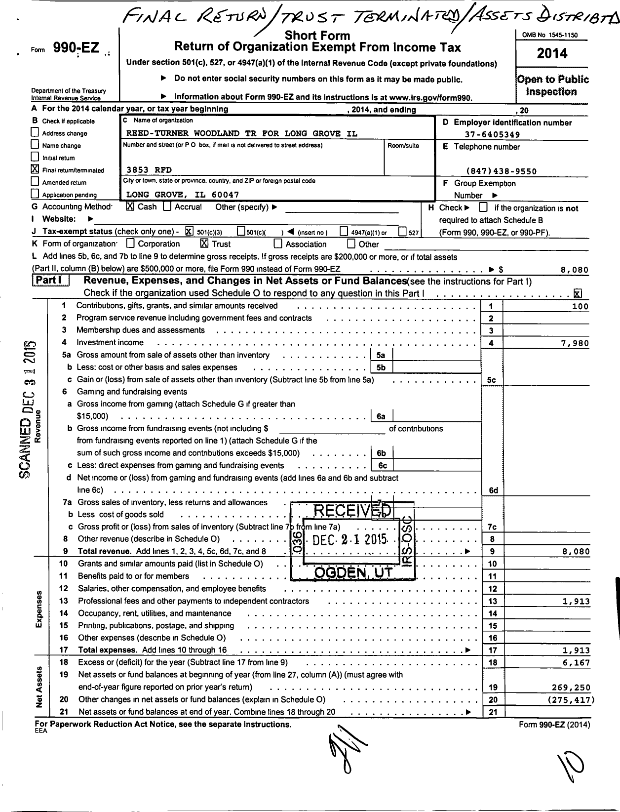 Image of first page of 2014 Form 990EZ for Reed Turner Woodland TR for Long Grove Il