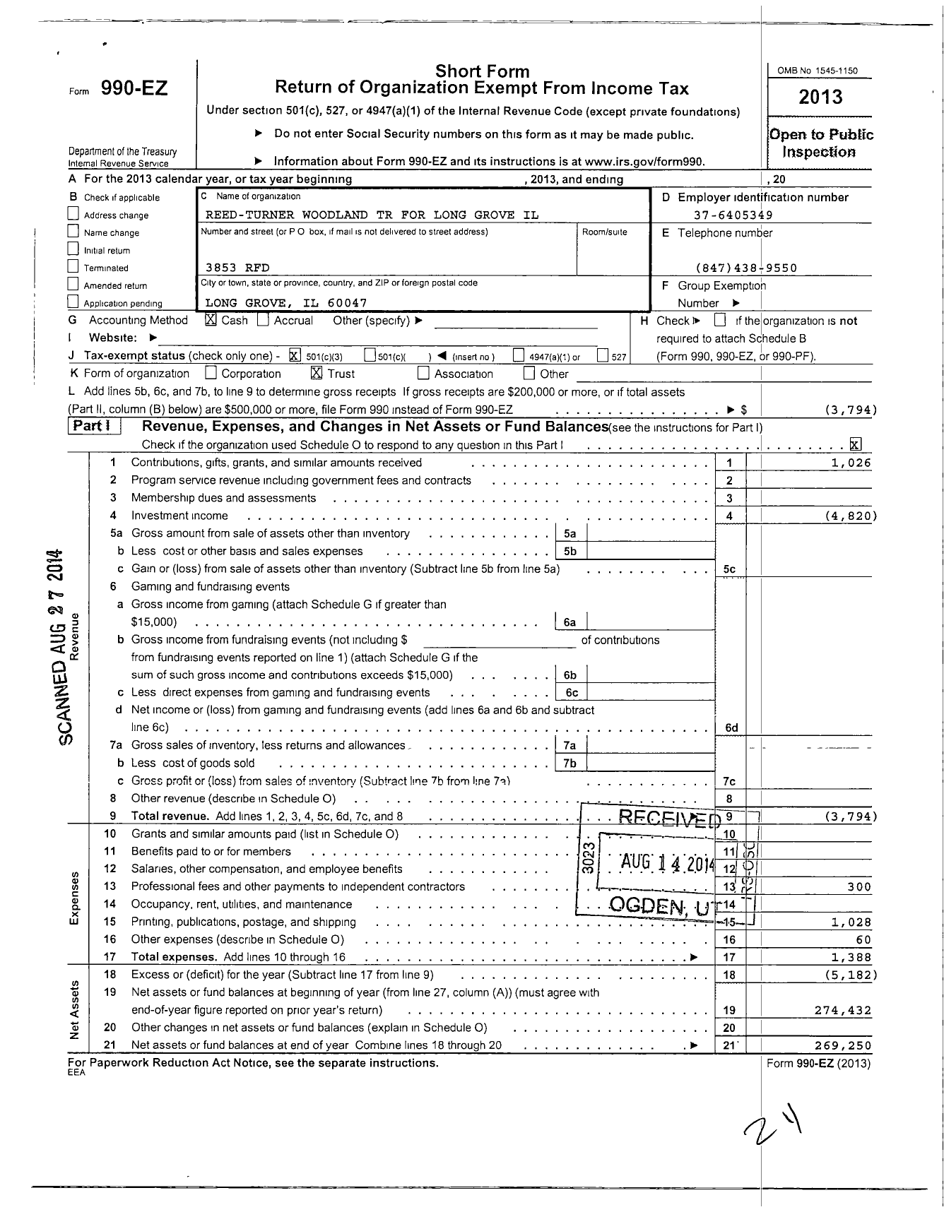 Image of first page of 2013 Form 990EZ for Reed Turner Woodland TR for Long Grove Il