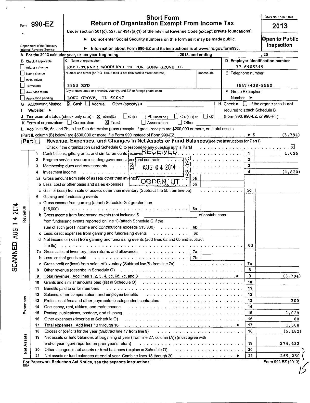 Image of first page of 2013 Form 990EZ for Reed Turner Woodland TR for Long Grove Il