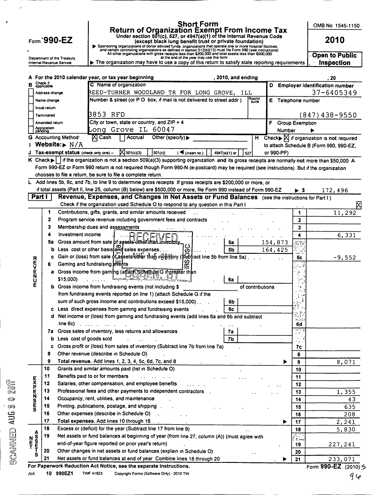 Image of first page of 2010 Form 990EZ for Reed Turner Woodland TR for Long Grove Il