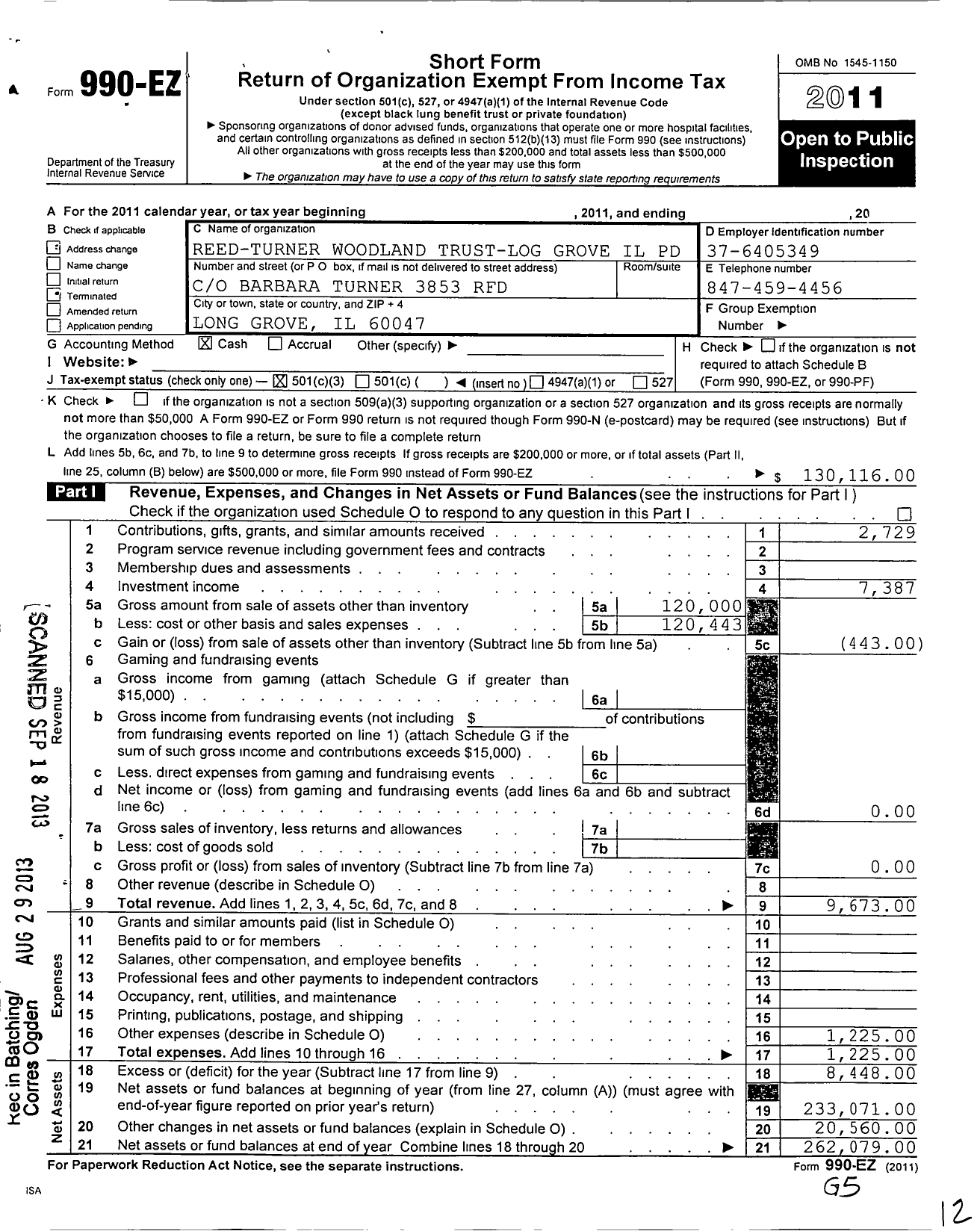 Image of first page of 2011 Form 990EZ for Reed Turner Woodland TR for Long Grove Il