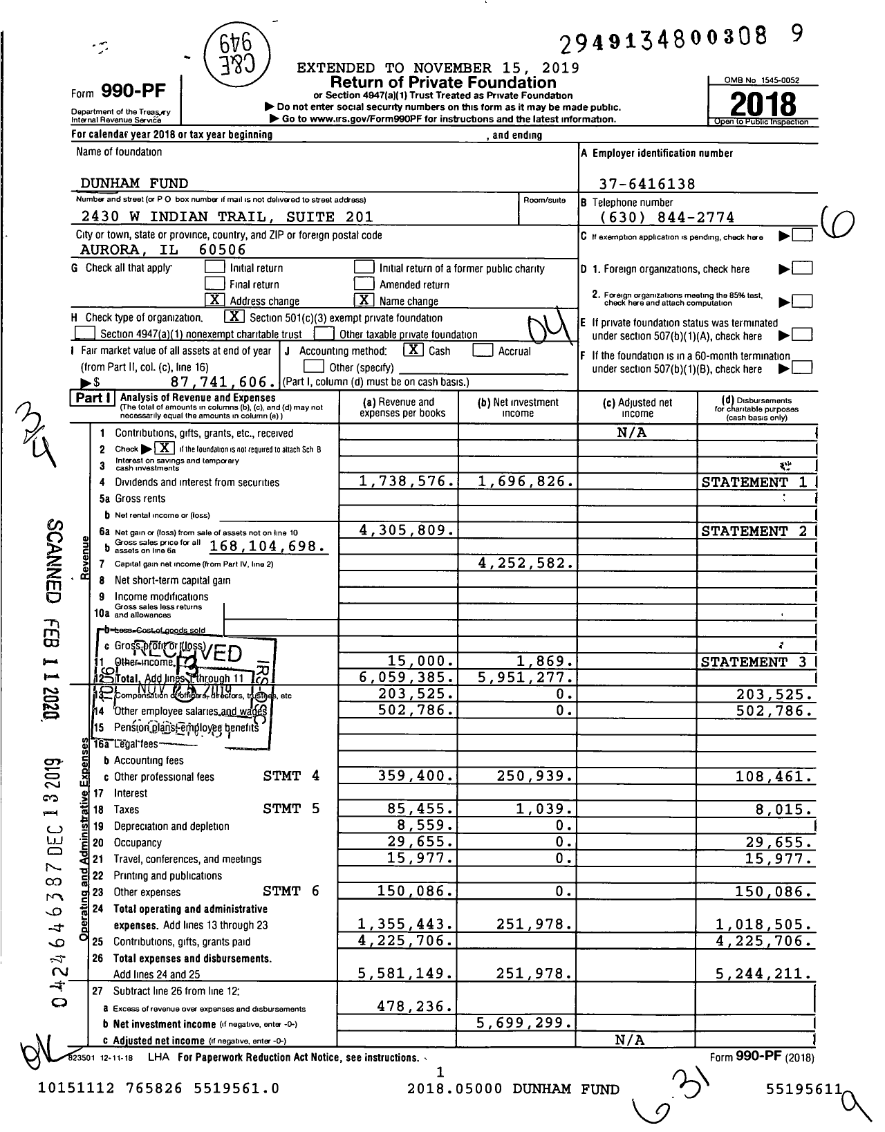 Image of first page of 2018 Form 990PF for Dunham Fund