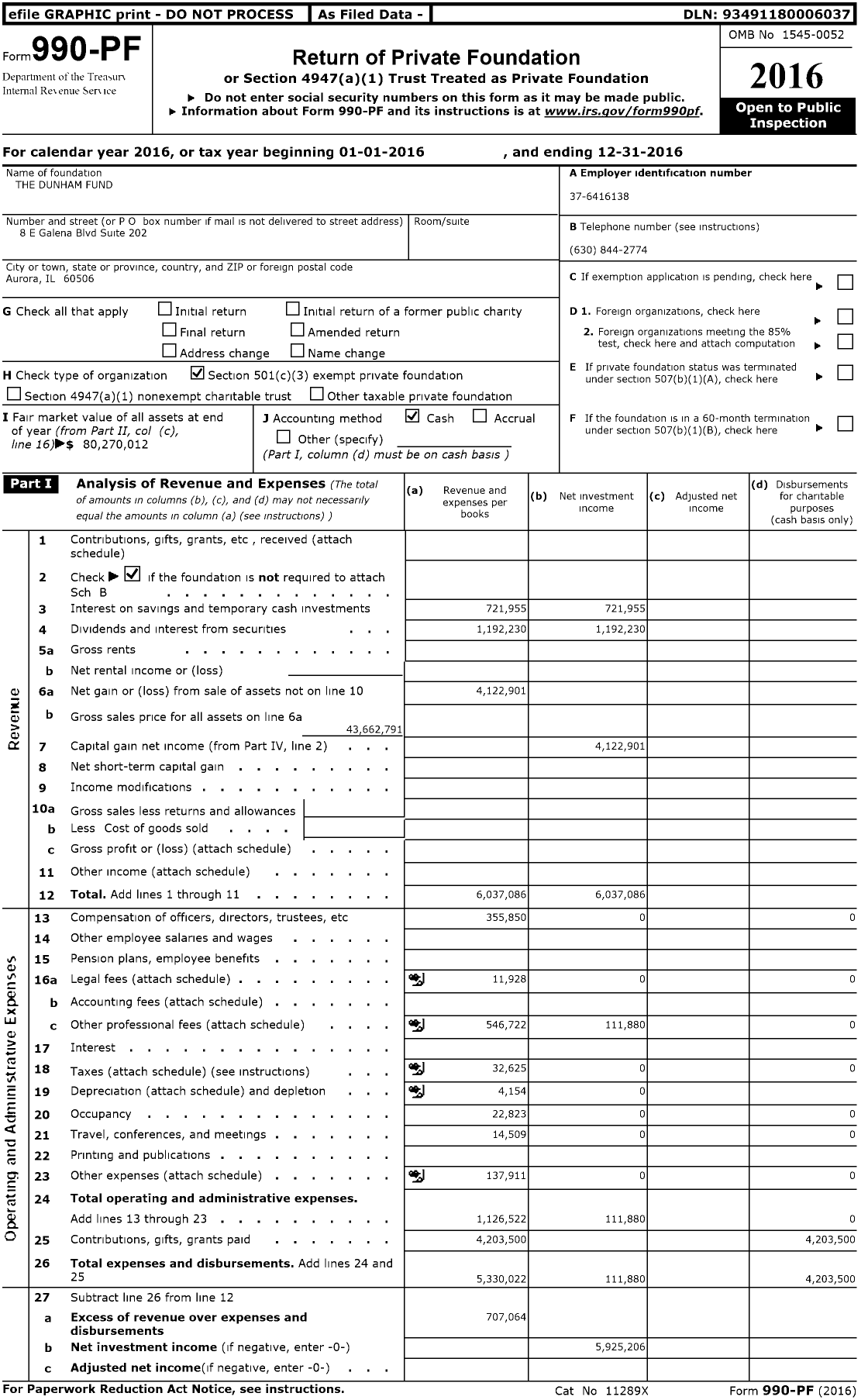 Image of first page of 2016 Form 990PF for Dunham Fund