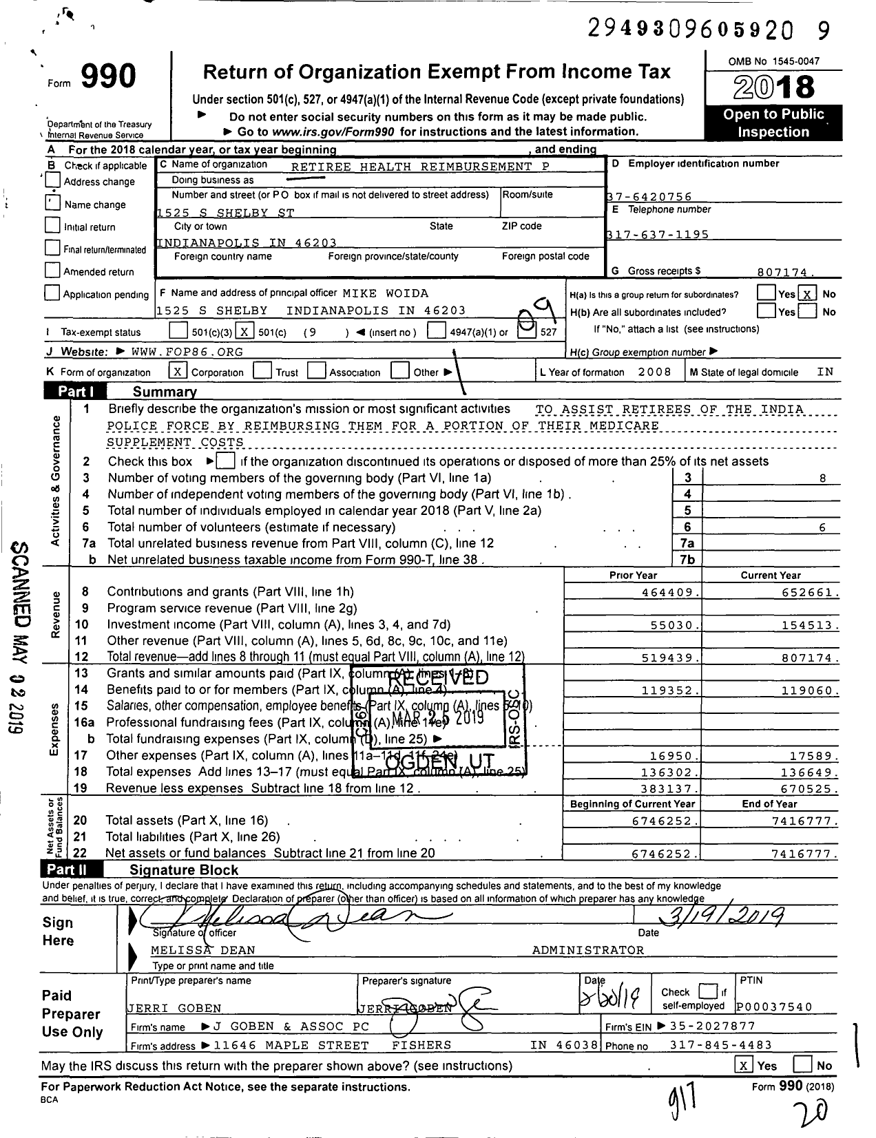 Image of first page of 2018 Form 990O for Retiree Health Reimbursement P