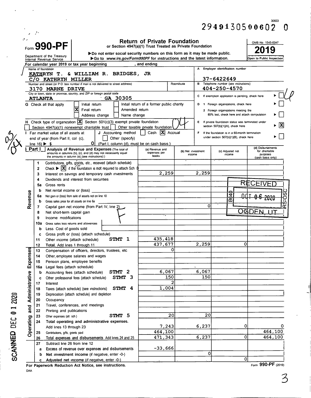 Image of first page of 2019 Form 990PF for Kathryn T and William R Bridges JR