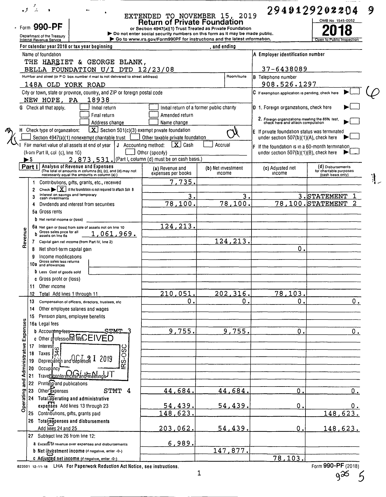 Image of first page of 2018 Form 990PF for The Harriet and George Blank Bella Foundation Ui DTD 12232008