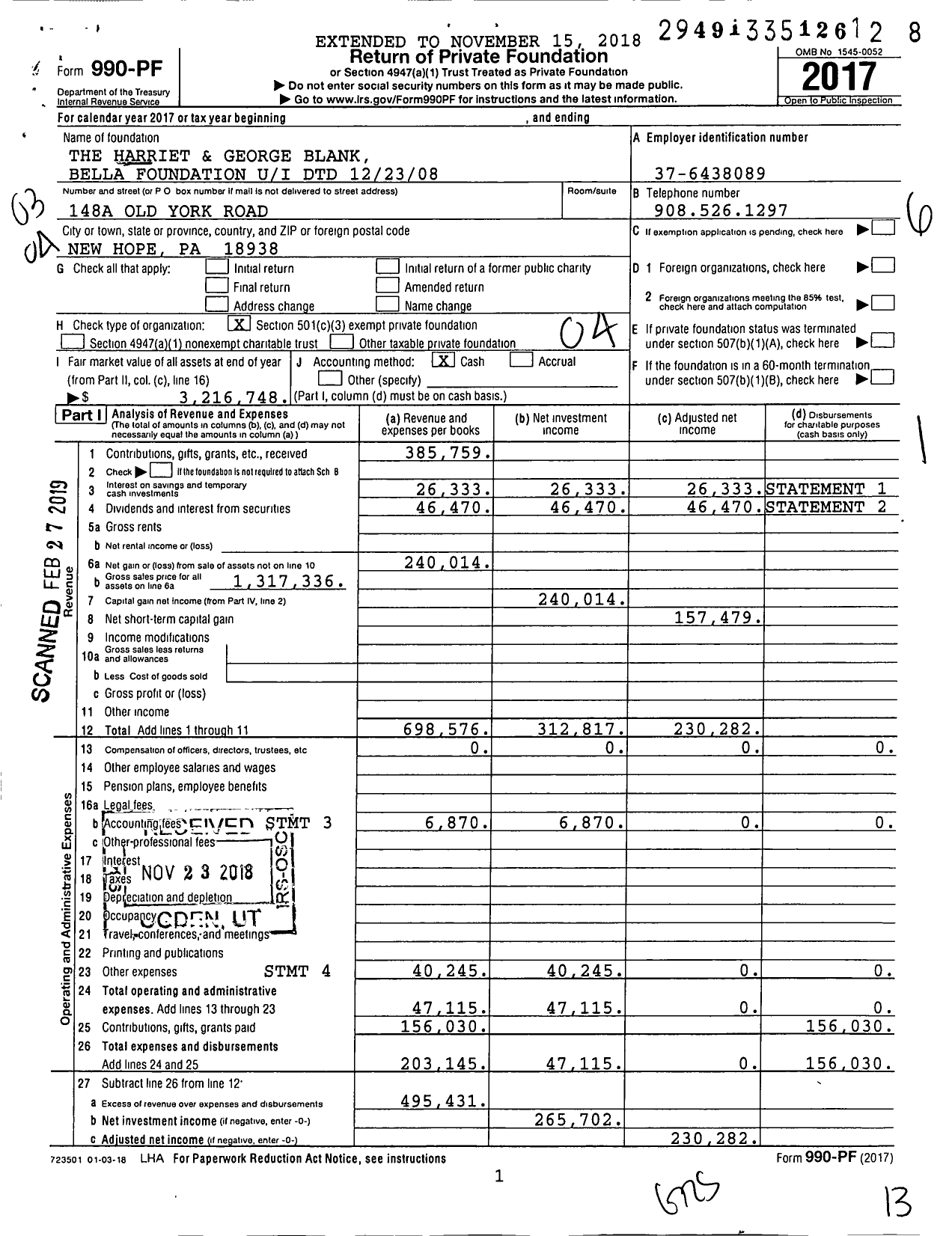 Image of first page of 2017 Form 990PF for The Harriet and George Blank Bella Foundation Ui DTD 12232008