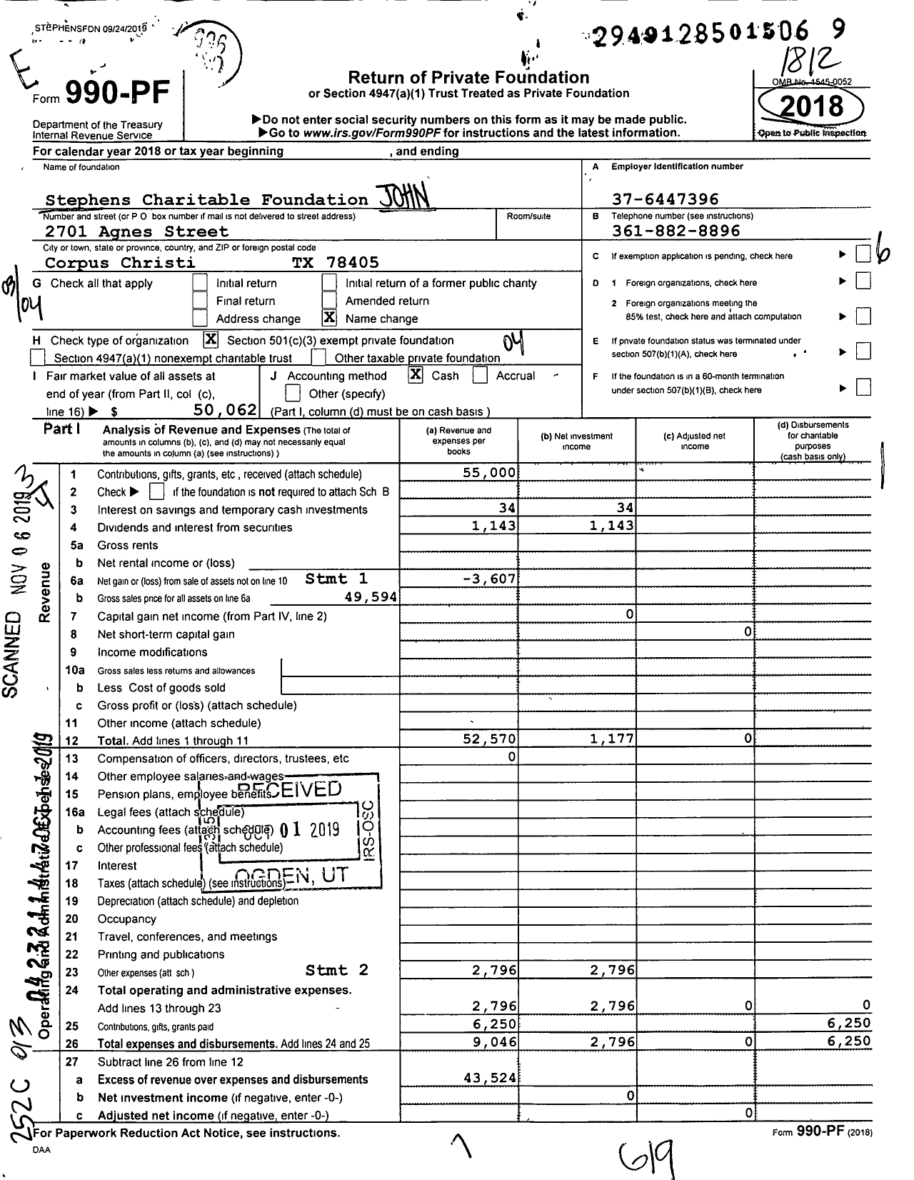 Image of first page of 2018 Form 990PF for Stephens Charitable Foundation