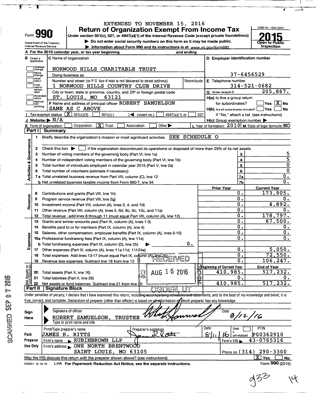 Image of first page of 2015 Form 990 for Norwood Hills Charitable Trust