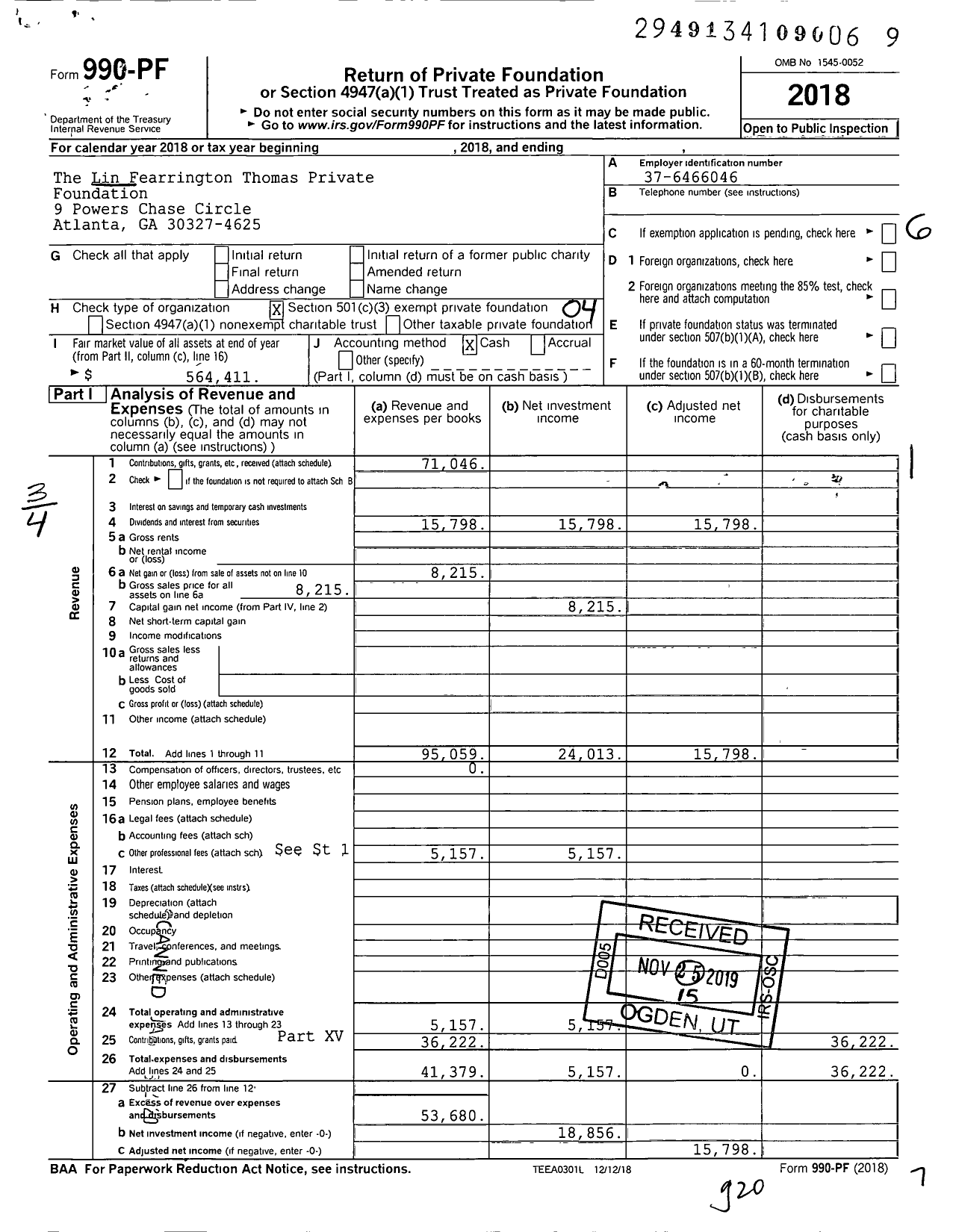 Image of first page of 2018 Form 990PF for The Lin Fearrington Thomas Private Foundation