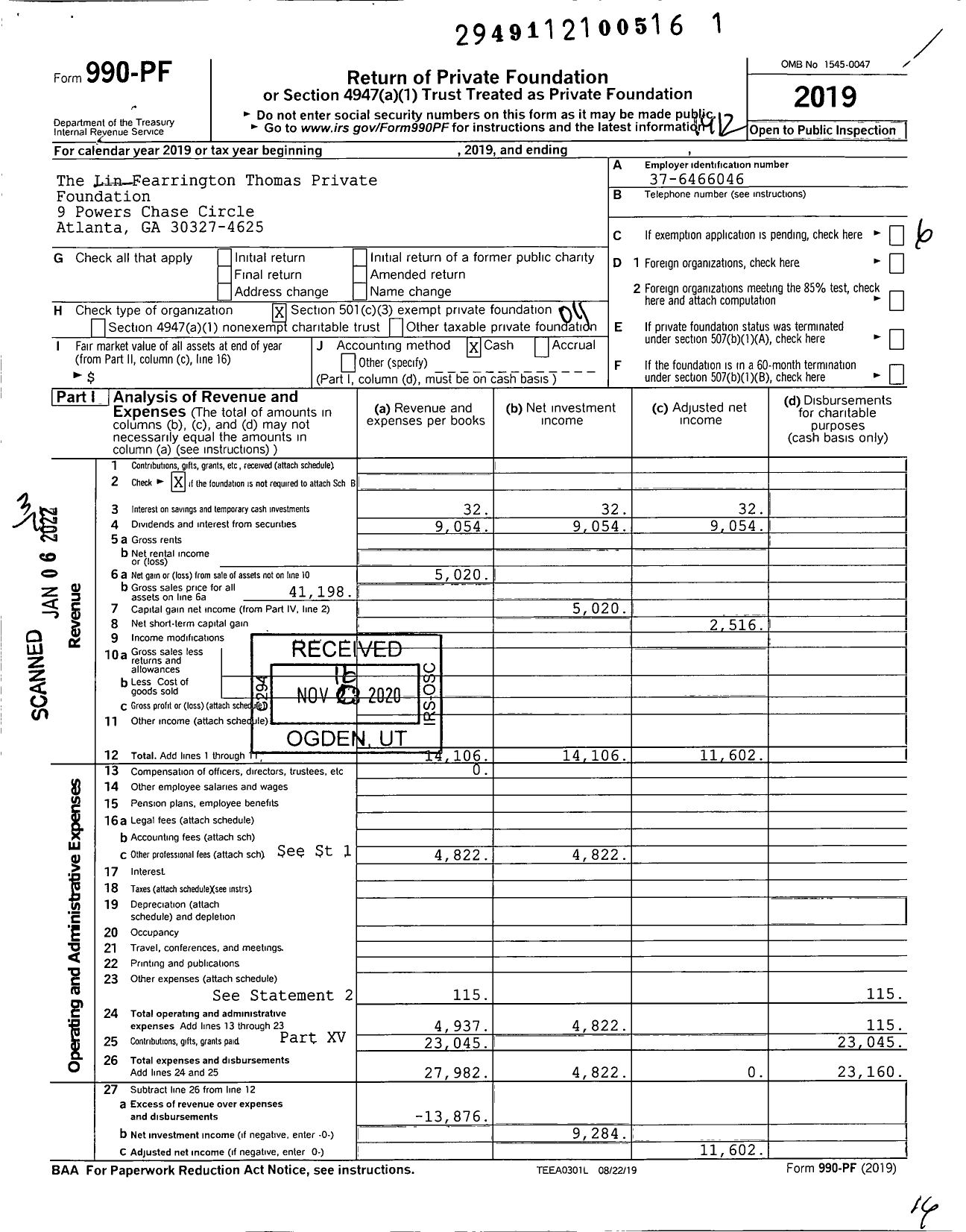 Image of first page of 2019 Form 990PF for The Lin Fearrington Thomas Private Foundation