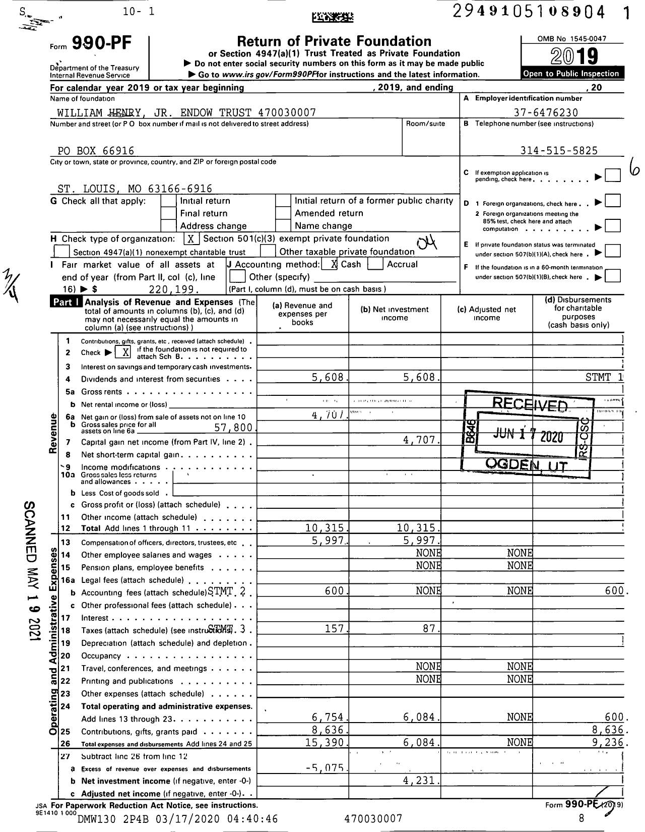 Image of first page of 2019 Form 990PF for William Henry JR Endow Trust XXX-XX-XXXX