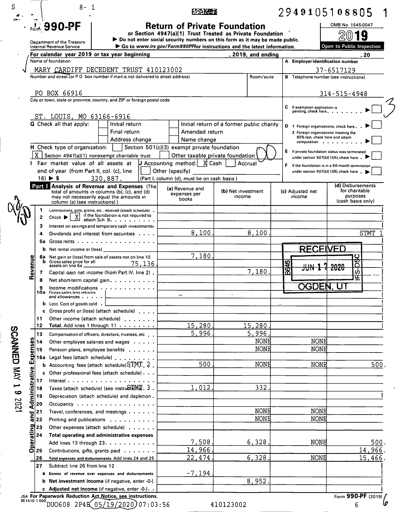 Image of first page of 2019 Form 990PF for Mary Cardiff Decedent Trust XXX-XX-XXXX