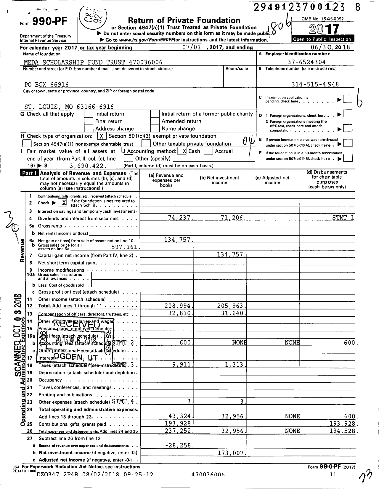 Image of first page of 2017 Form 990PF for Meda Scholarship Fund Trust XXX-XX-XXXX