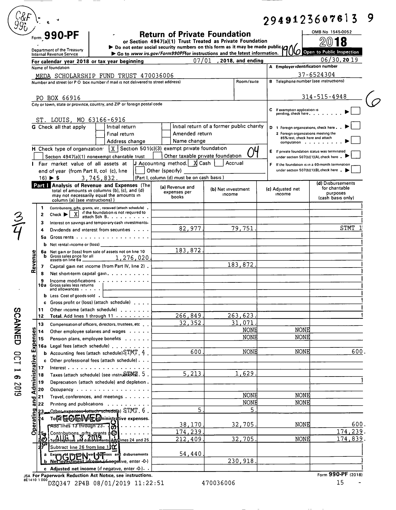 Image of first page of 2018 Form 990PF for Meda Scholarship Fund Trust XXX-XX-XXXX