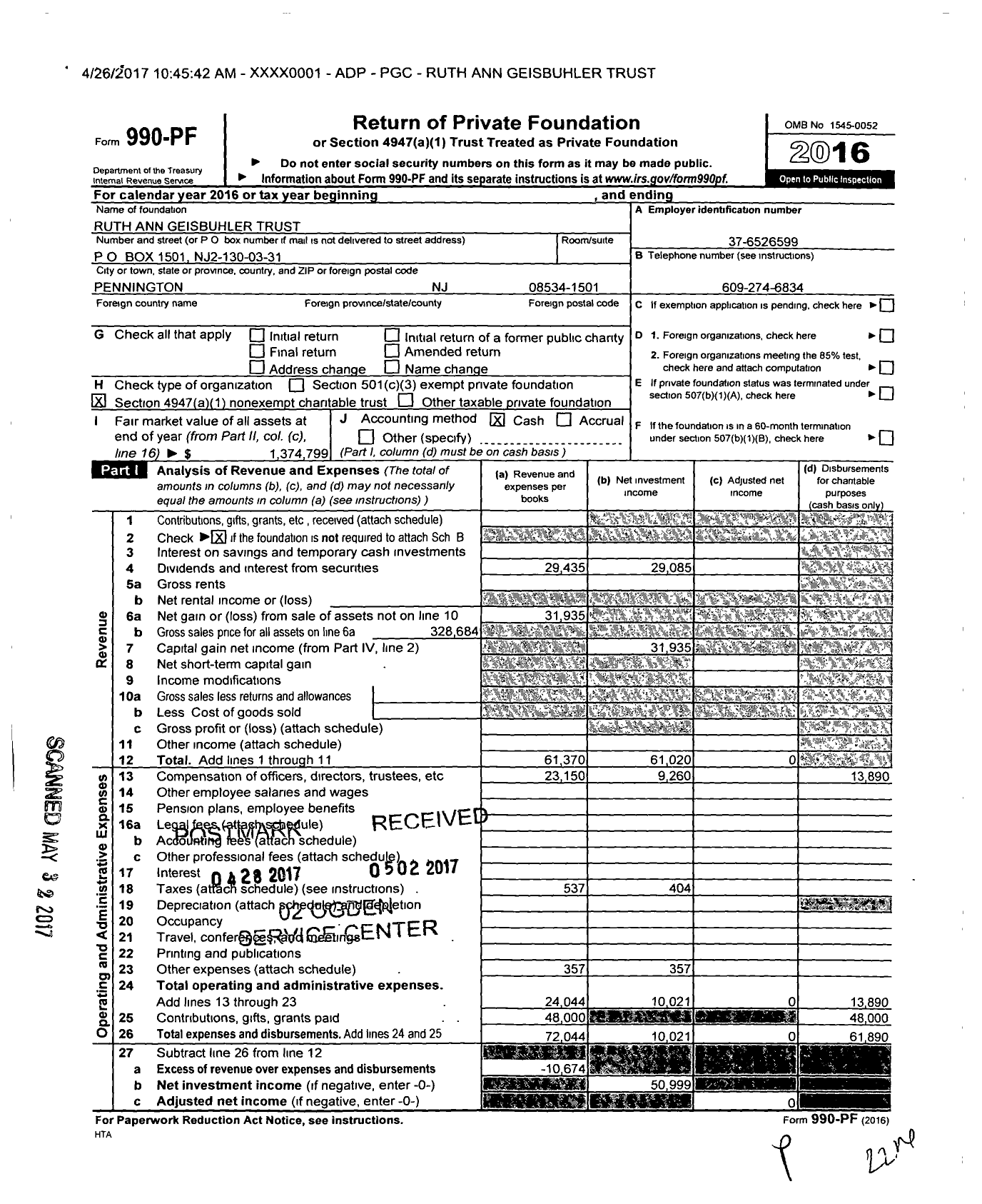Image of first page of 2016 Form 990PF for Ruth Ann Geisbuhler Trust