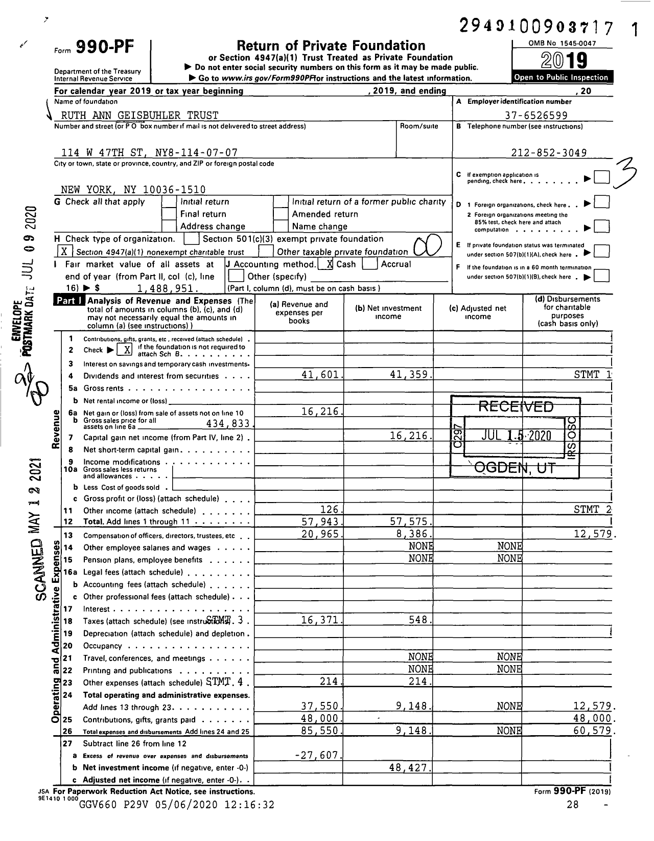 Image of first page of 2019 Form 990PF for Ruth Ann Geisbuhler Trust