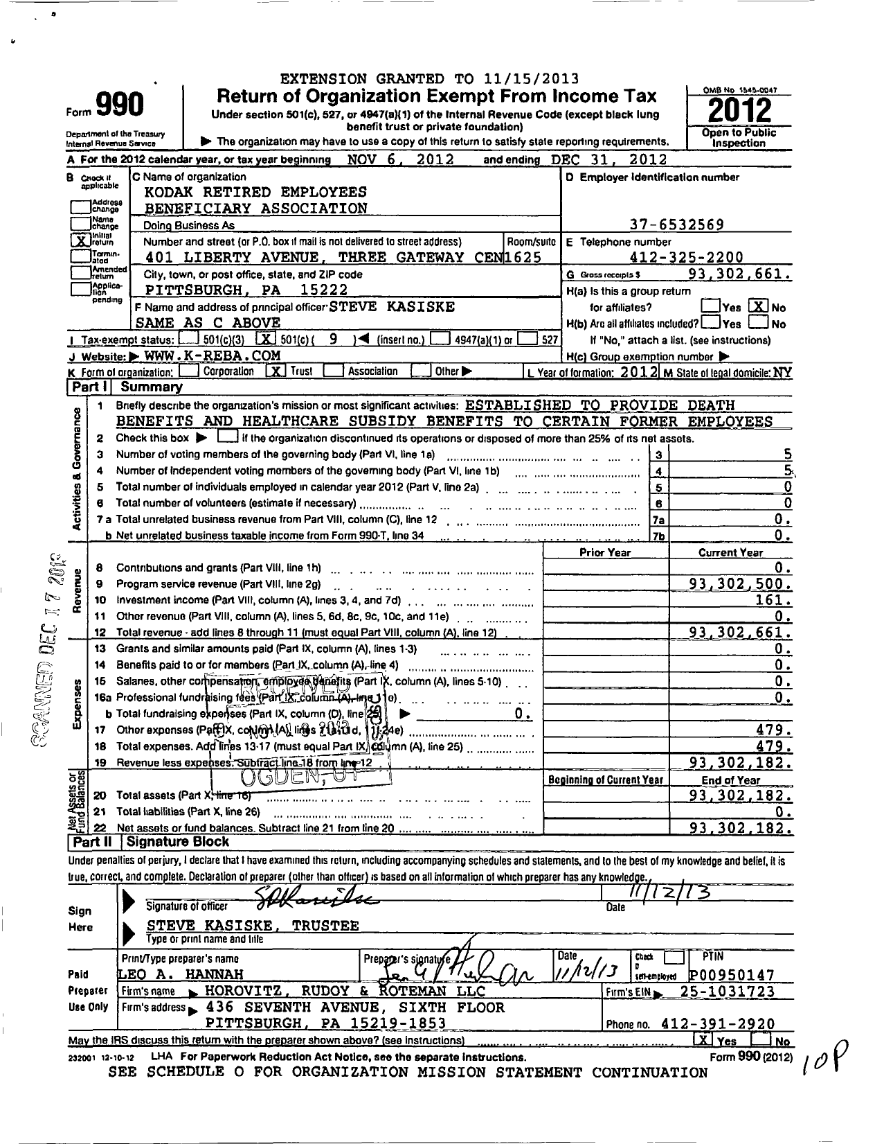 Image of first page of 2012 Form 990O for Kodak Retired Employees Beneficiary Association