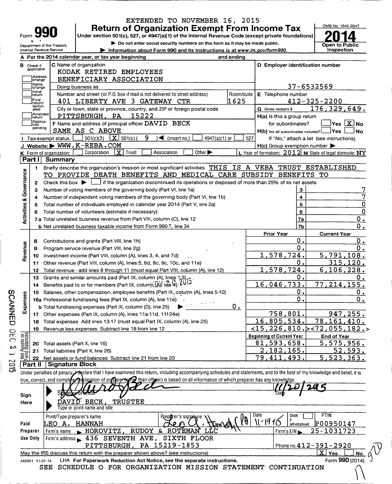 Image of first page of 2014 Form 990O for Kodak Retired Employees Beneficiary Association