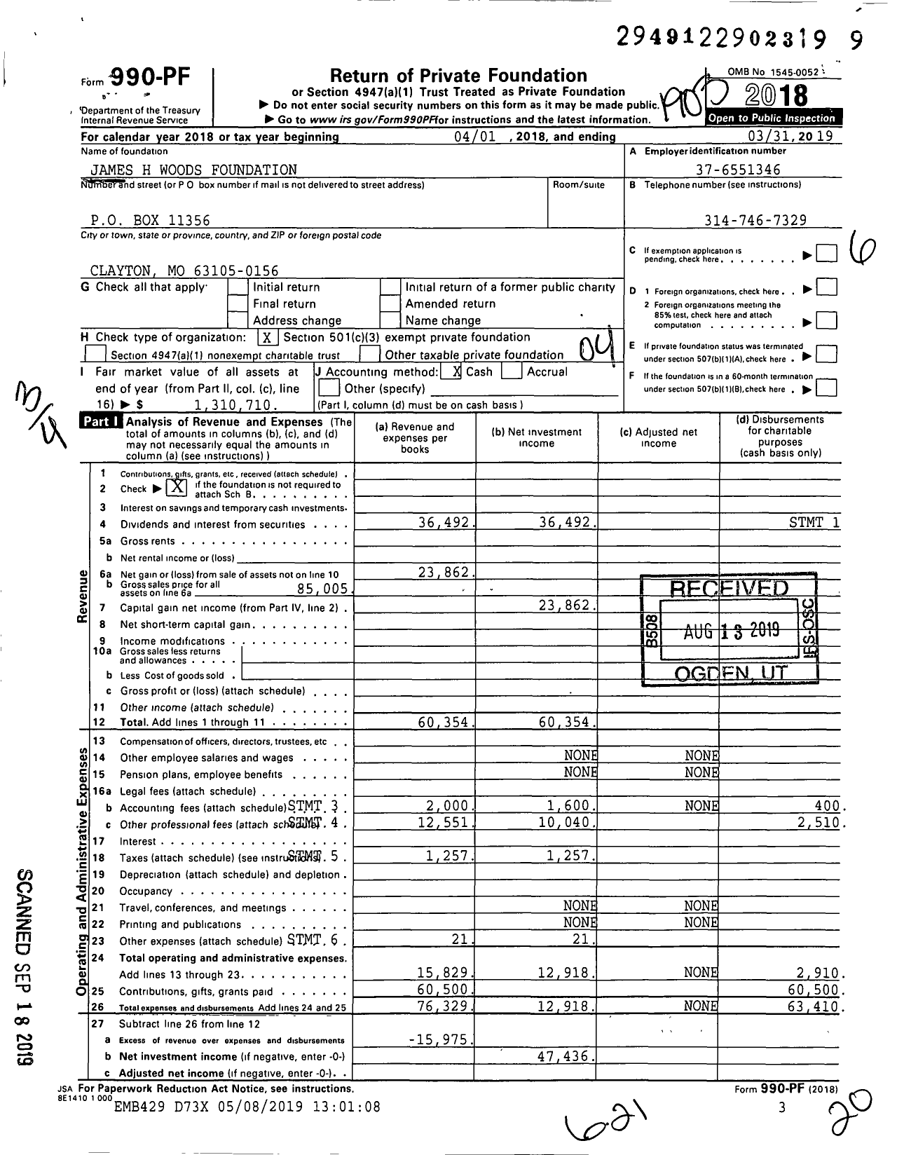 Image of first page of 2018 Form 990PF for James H Woods Foundation