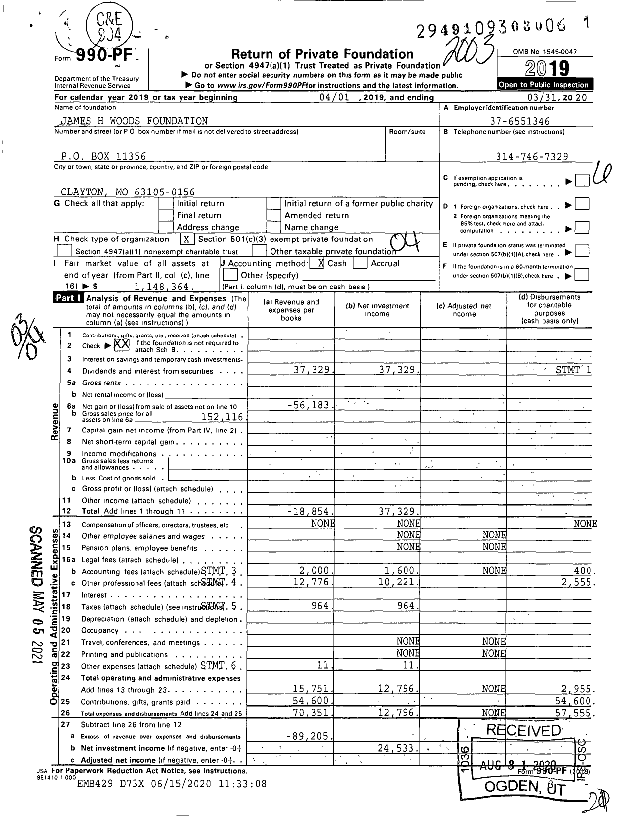 Image of first page of 2019 Form 990PF for James H Woods Foundation