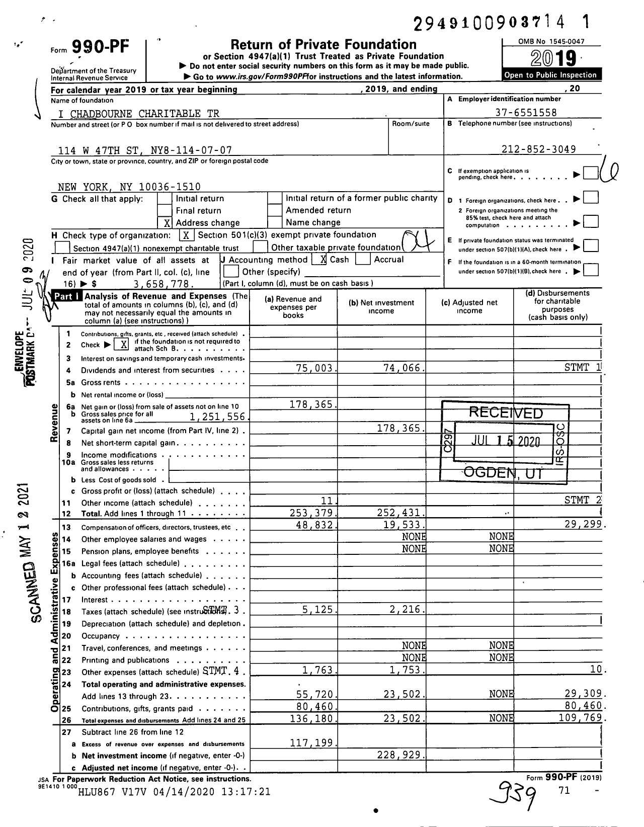 Image of first page of 2019 Form 990PF for I Chadbourne Charitable Trust