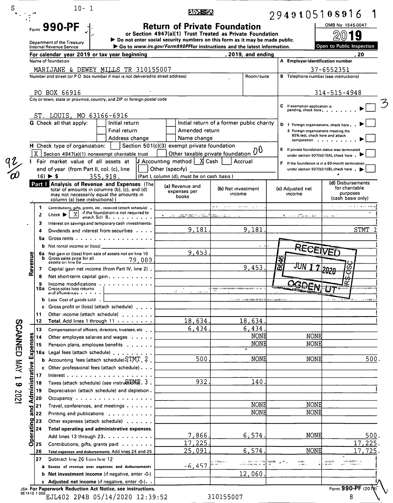 Image of first page of 2019 Form 990PF for Marijane and Dewey Mills TR XXX-XX-XXXX