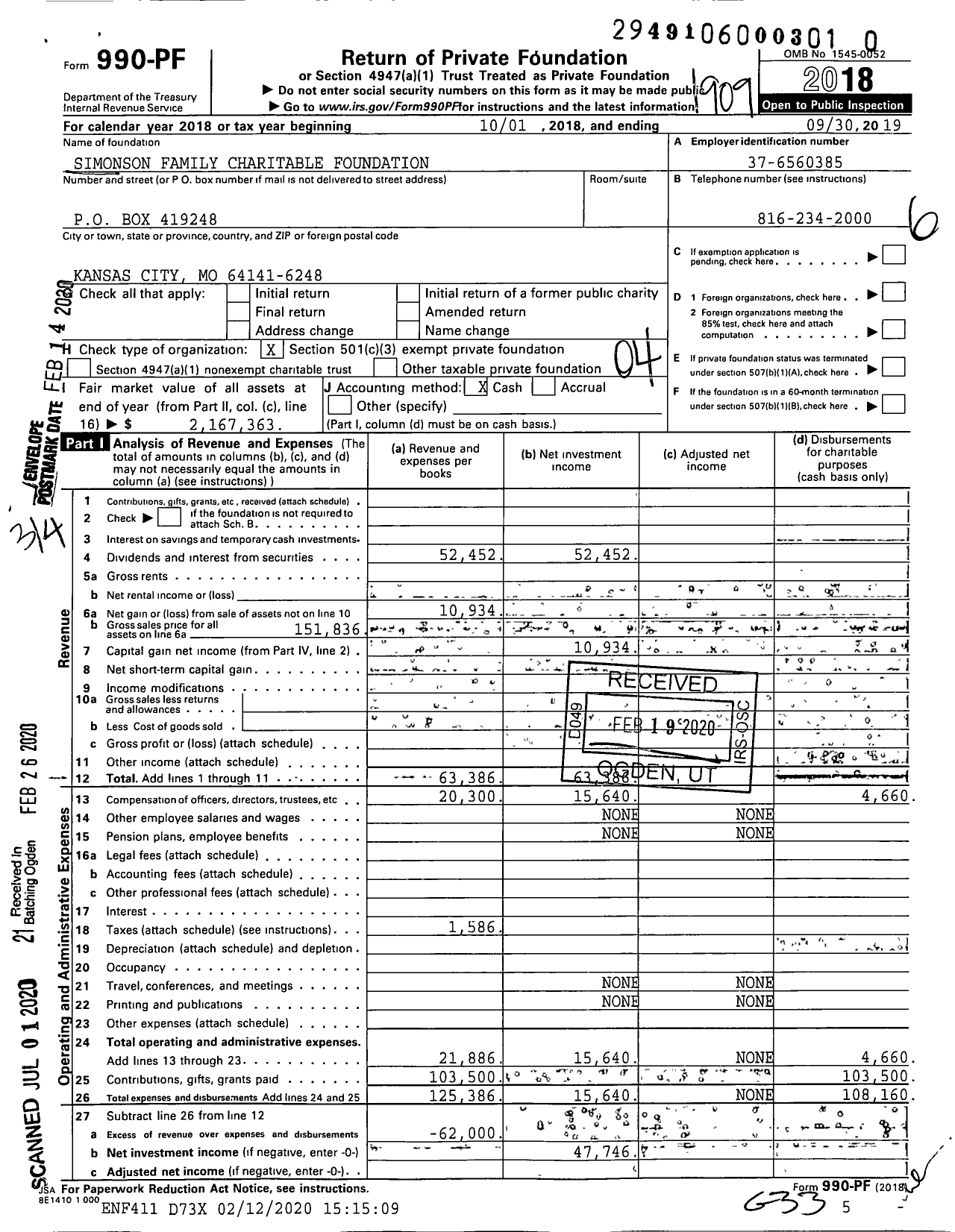 Image of first page of 2018 Form 990PR for Simonson Family Charitable FNDN