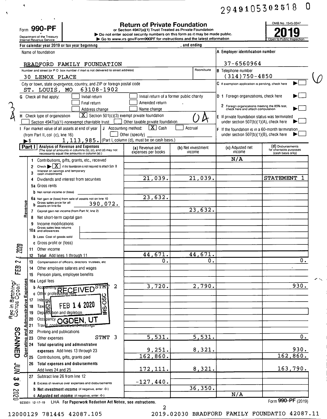 Image of first page of 2019 Form 990PR for Bradford Family Foundation / Judith R Bradford Et Al Ttee