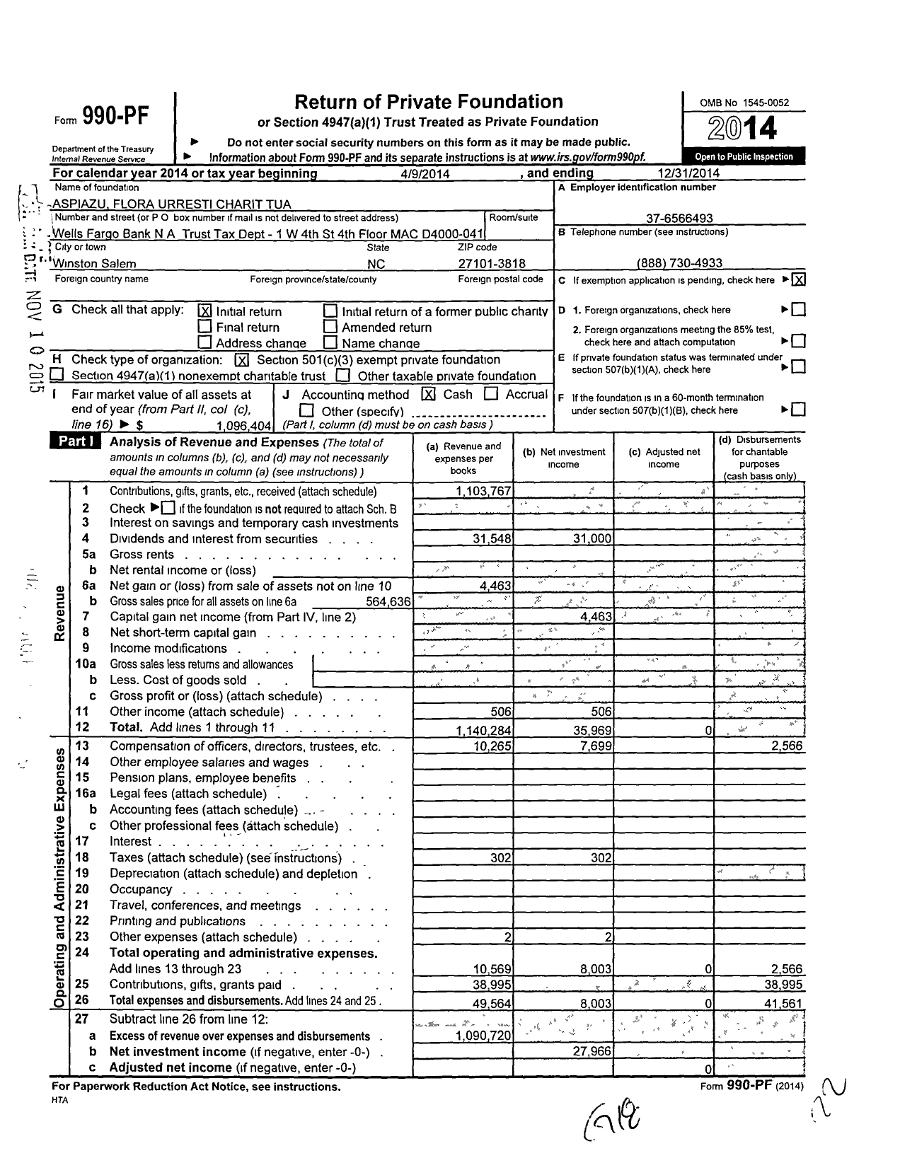 Image of first page of 2014 Form 990PF for Aspiazu Flora Urresti Charit Tua