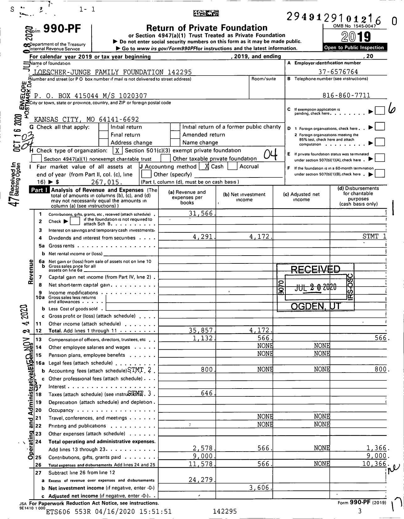 Image of first page of 2019 Form 990PF for Loescher-Junge Family Foundation 14229500