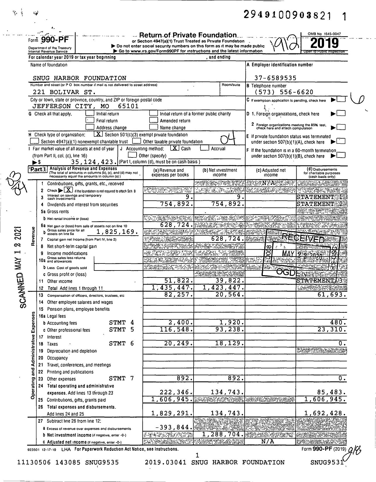 Image of first page of 2019 Form 990PF for Snug Harbor Foundation / Jeanne Mattingly Miller Ttee