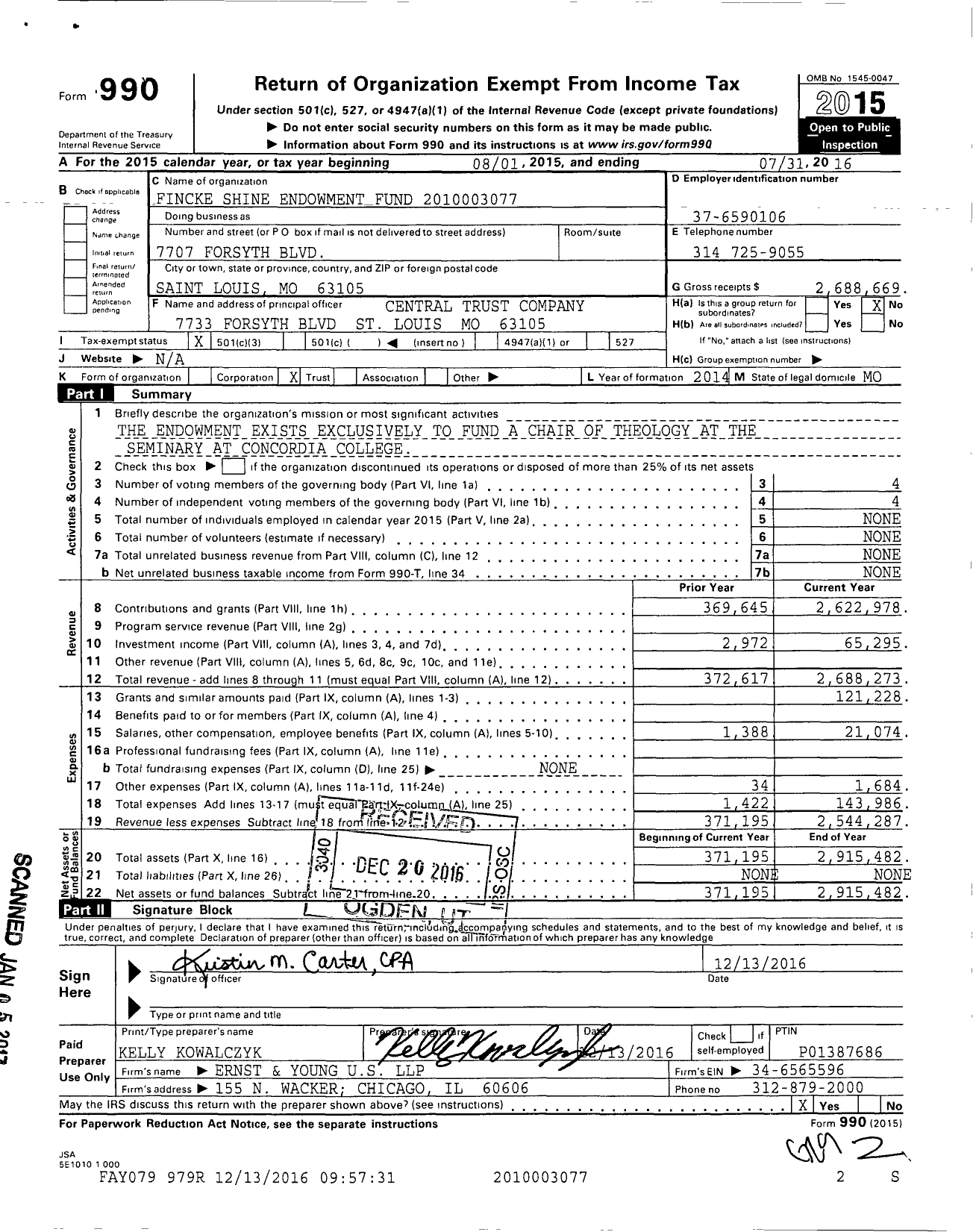 Image of first page of 2015 Form 990 for Louis Fincke - Anna Shine Endowment Fund