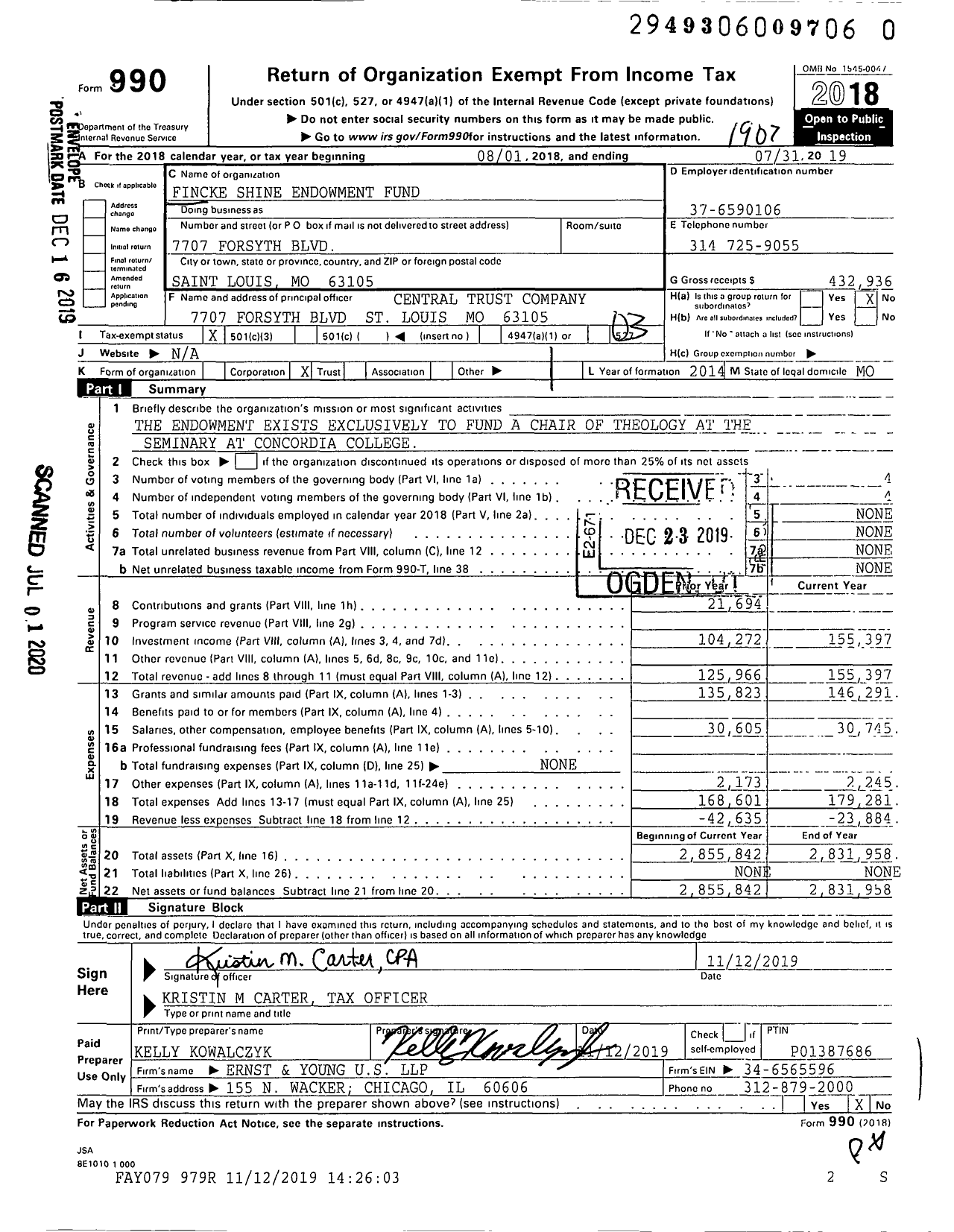 Image of first page of 2018 Form 990 for Louis Fincke - Anna Shine Endowment Fund