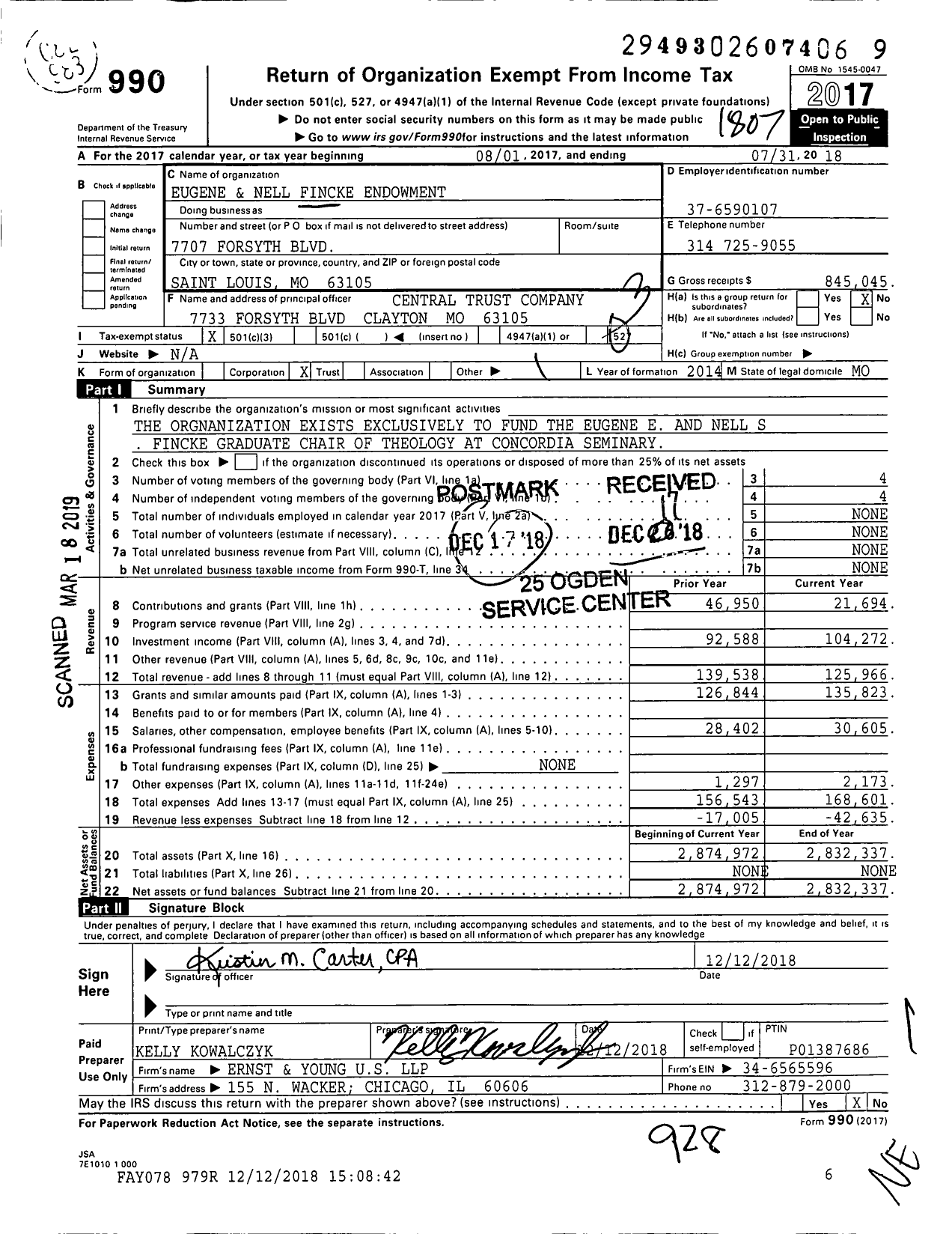 Image of first page of 2017 Form 990 for Eugene and Nell Fincke Endowment 2010003086
