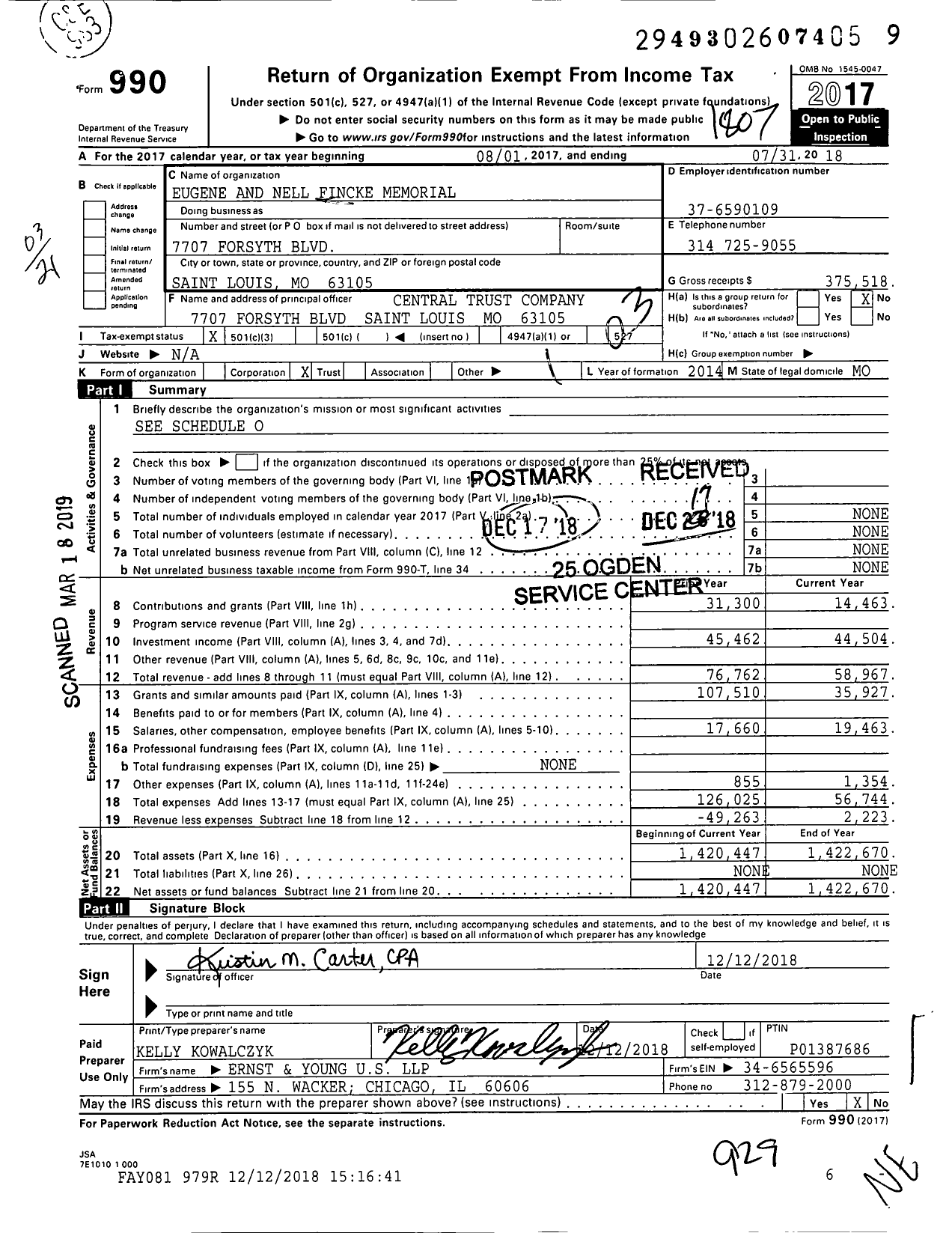 Image of first page of 2017 Form 990 for Eugene and Nell Fincke Memorial 2010003095